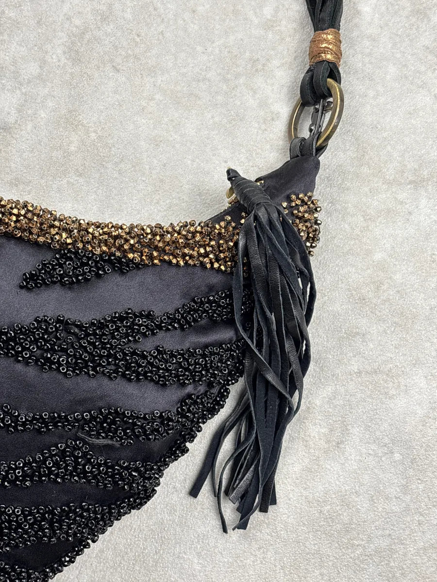 2000s Cesare Paciotti Black Beaded Fringe Tassel Shoulder Bag OauaYvNw 8