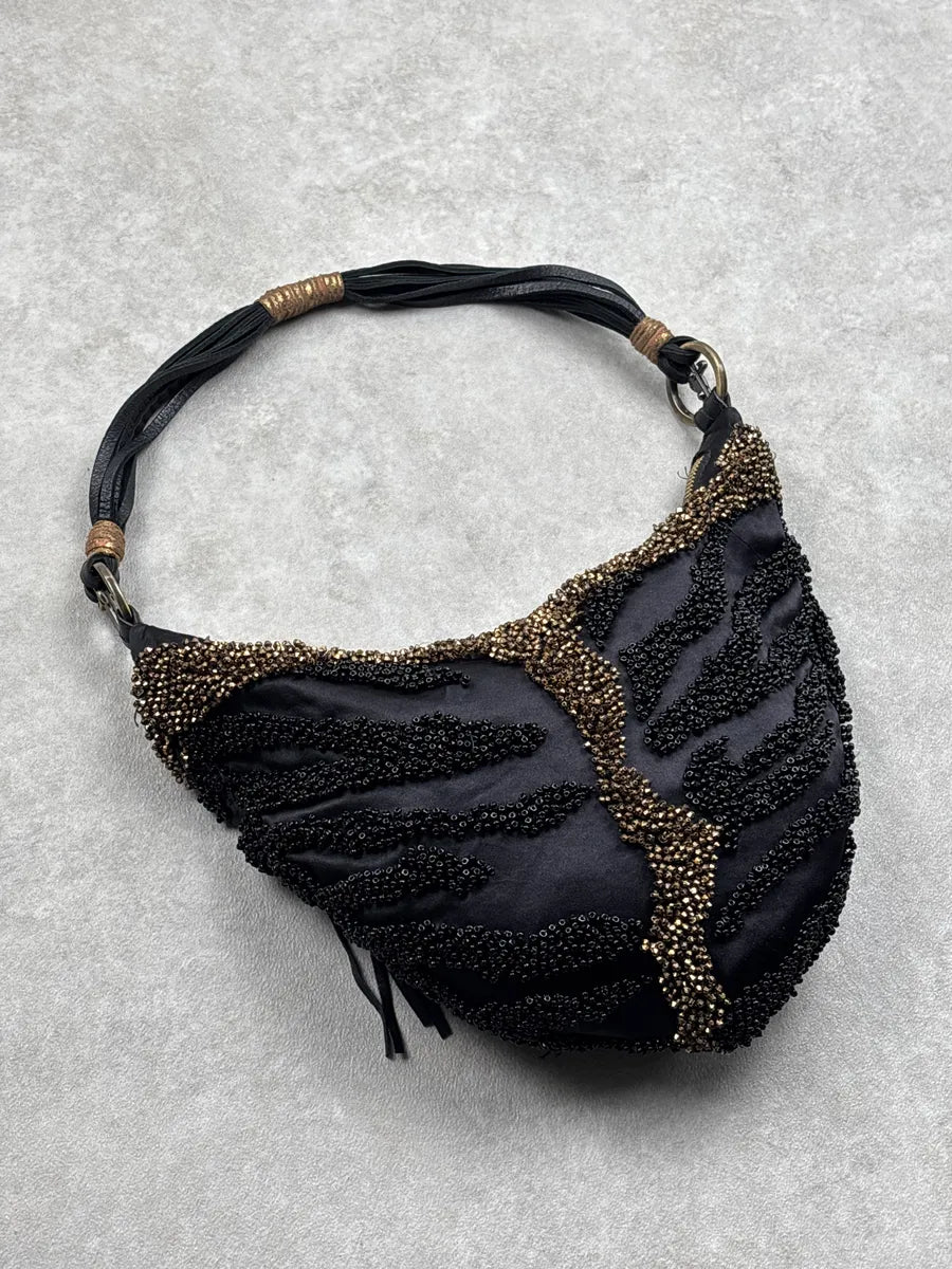 2000s Cesare Paciotti Black Beaded Fringe Tassel Shoulder Bag OauaYvNw 5