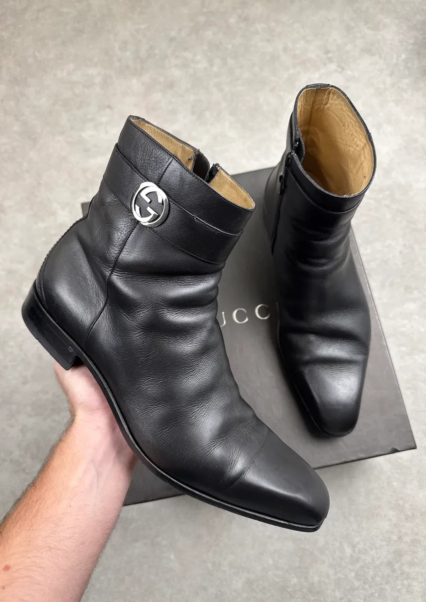 Gucci Black Leather Interlocking G Square Ankle Boots ObESYMNo 0