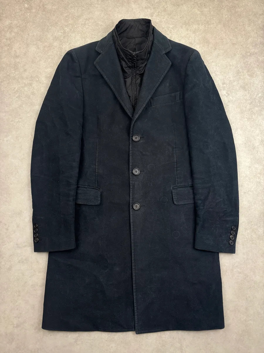 AW2011 Prada Dark Navy & Black Quilted Bib Three-Button Long Coat OcpUXofF 0