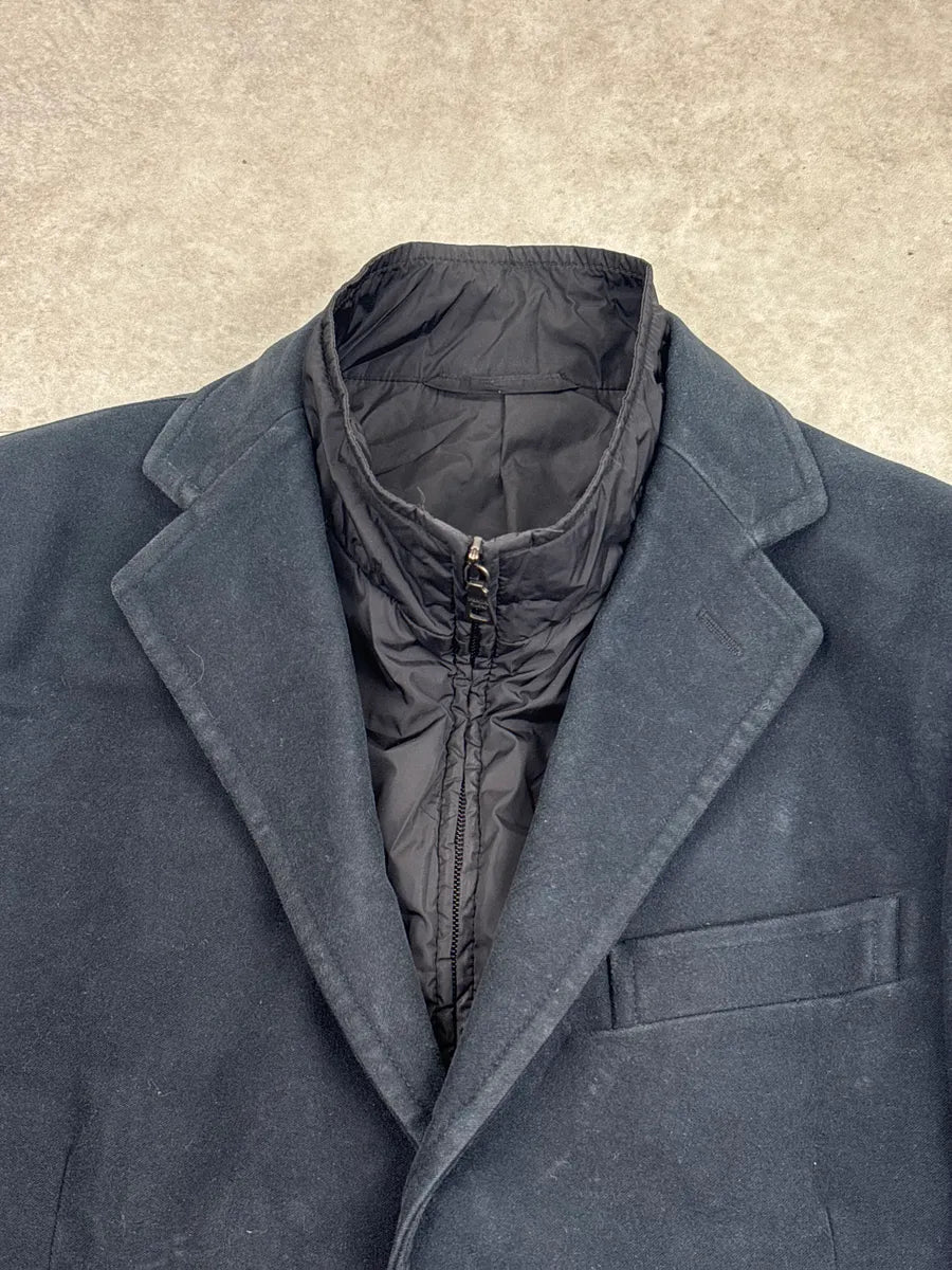 AW2011 Prada Dark Navy & Black Quilted Bib Three-Button Long Coat OcpUXofF 6