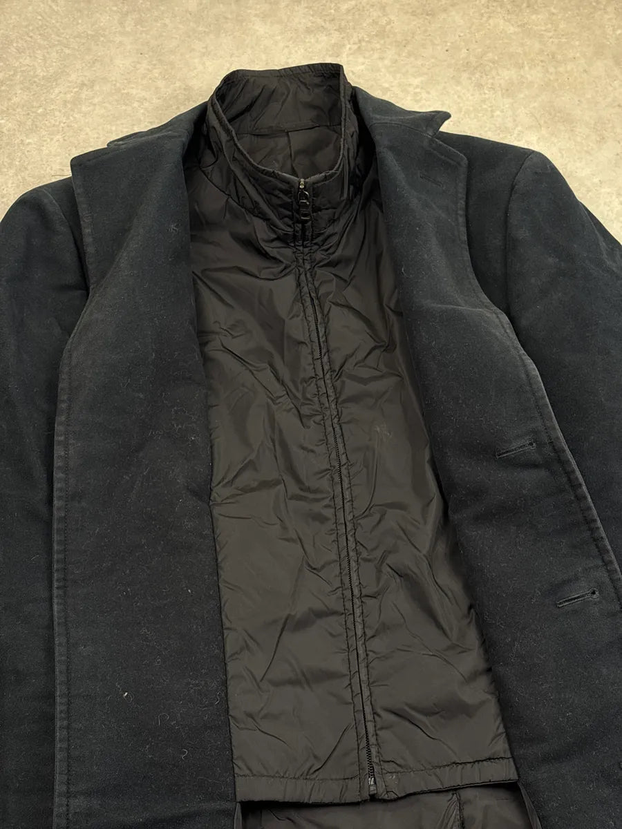 AW2011 Prada Dark Navy & Black Quilted Bib Three-Button Long Coat OcpUXofF 8
