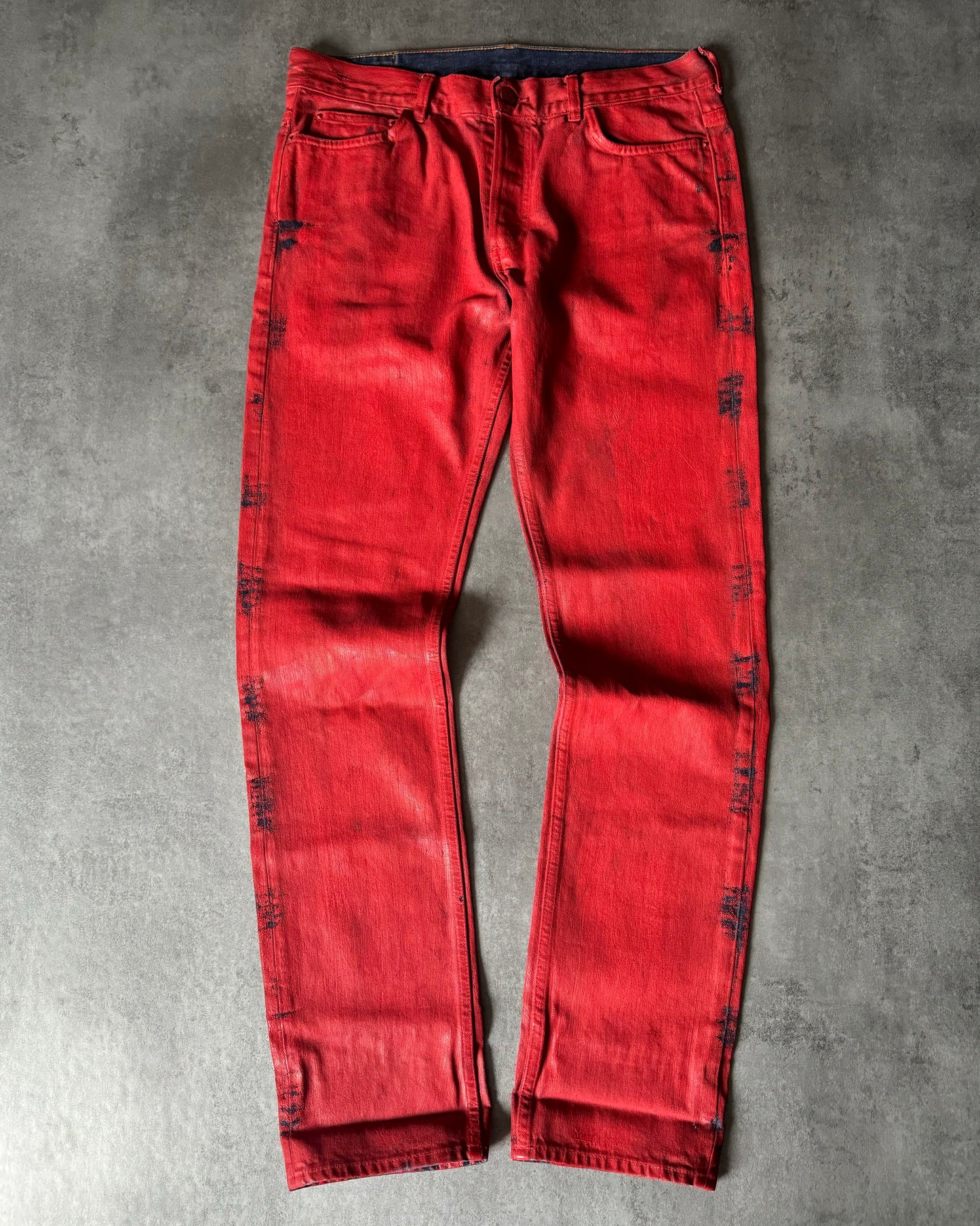 2004 Maison Margiela x H&M Reissue Red Rockstar Painted Jeans (M) - 6