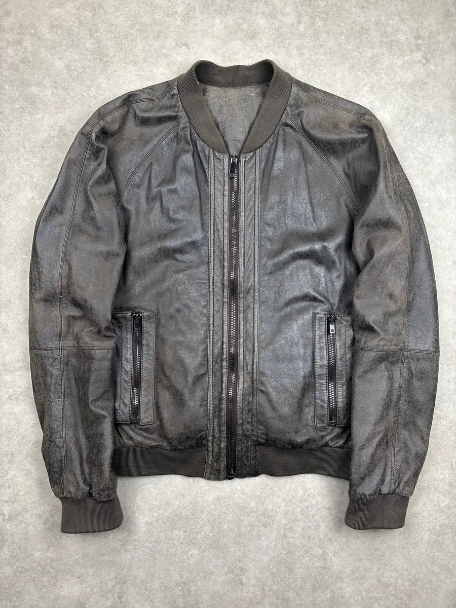2000s Givenchy Dark Grey Brown Eroded Leather Zip Bomber Jacket OeFfqITd 0