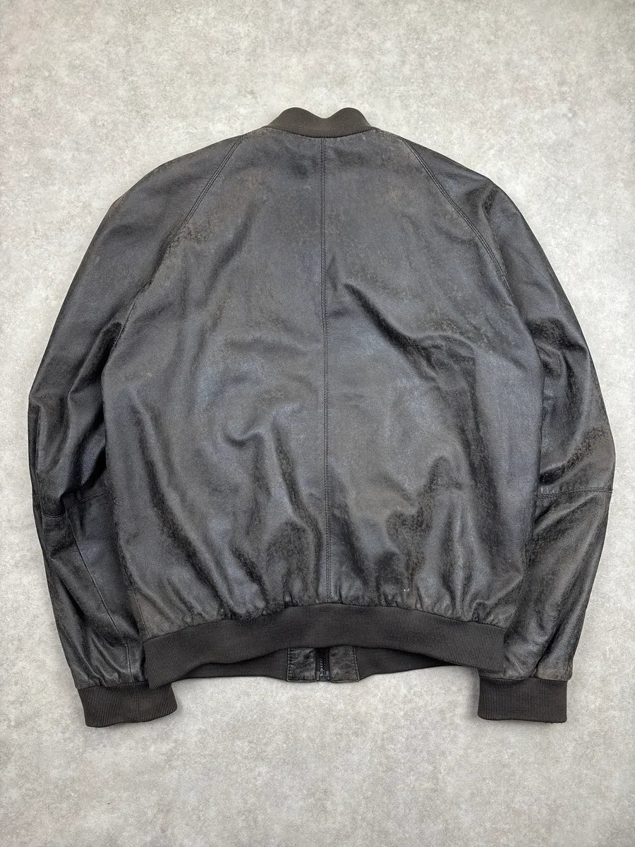 2000s Givenchy Dark Grey Brown Eroded Leather Zip Bomber Jacket OeFfqITd 4