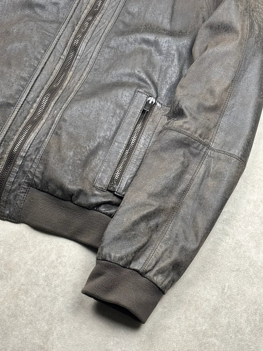 2000s Givenchy Dark Grey Brown Eroded Leather Zip Bomber Jacket OeFfqITd 6