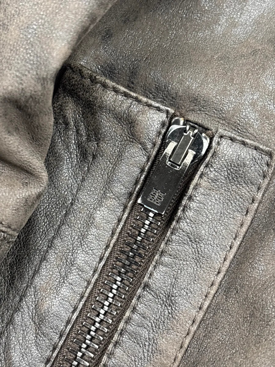 2000s Givenchy Dark Grey Brown Eroded Leather Zip Bomber Jacket OeFfqITd 8
