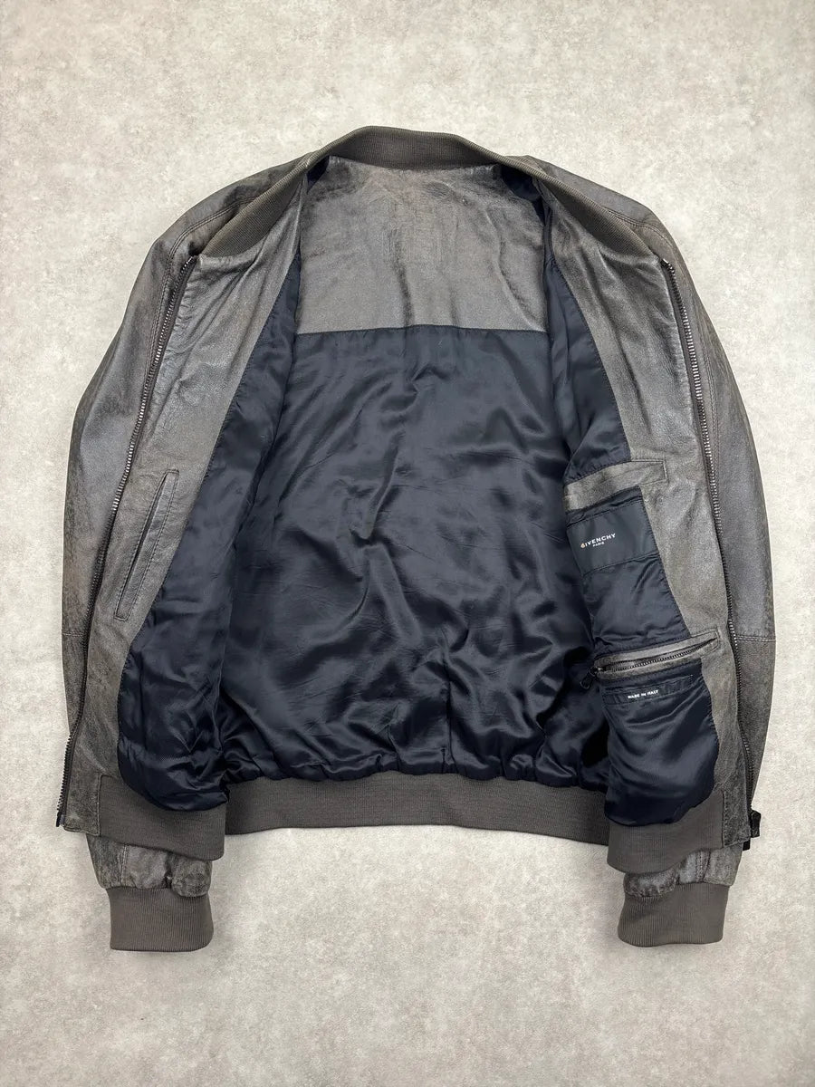 2000s Givenchy Dark Grey Brown Eroded Leather Zip Bomber Jacket OeFfqITd 3