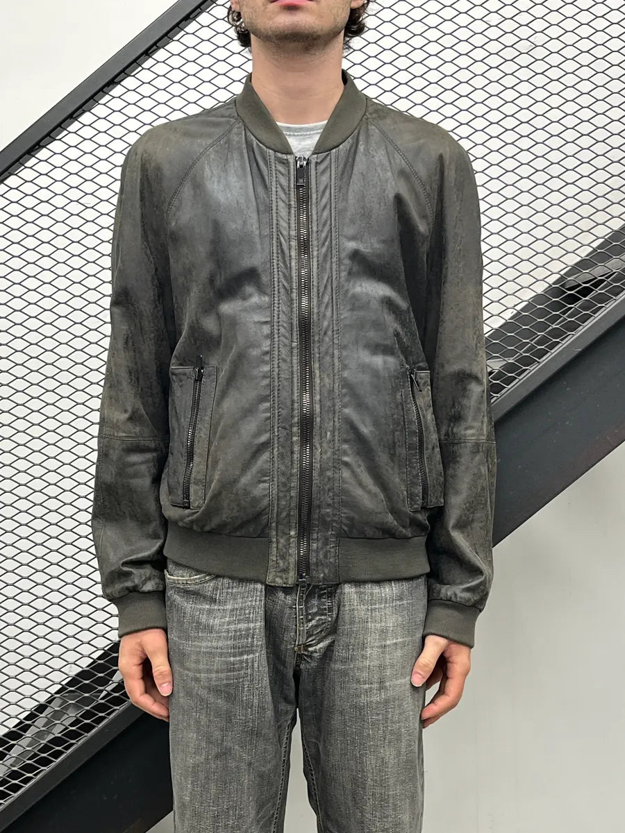 2000s Givenchy Dark Grey Brown Eroded Leather Zip Bomber Jacket OeFfqITd 1