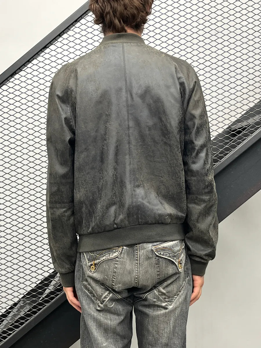 2000s Givenchy Dark Grey Brown Eroded Leather Zip Bomber Jacket OeFfqITd 2