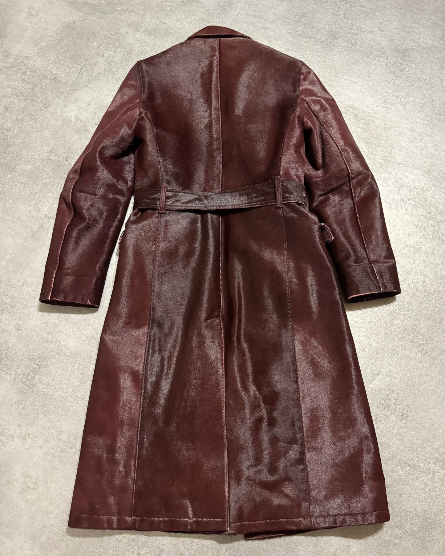 FW2002 Prada Bordeaux Pony Hair Bordeaux Leather Trench Coat (XS/S) - 6