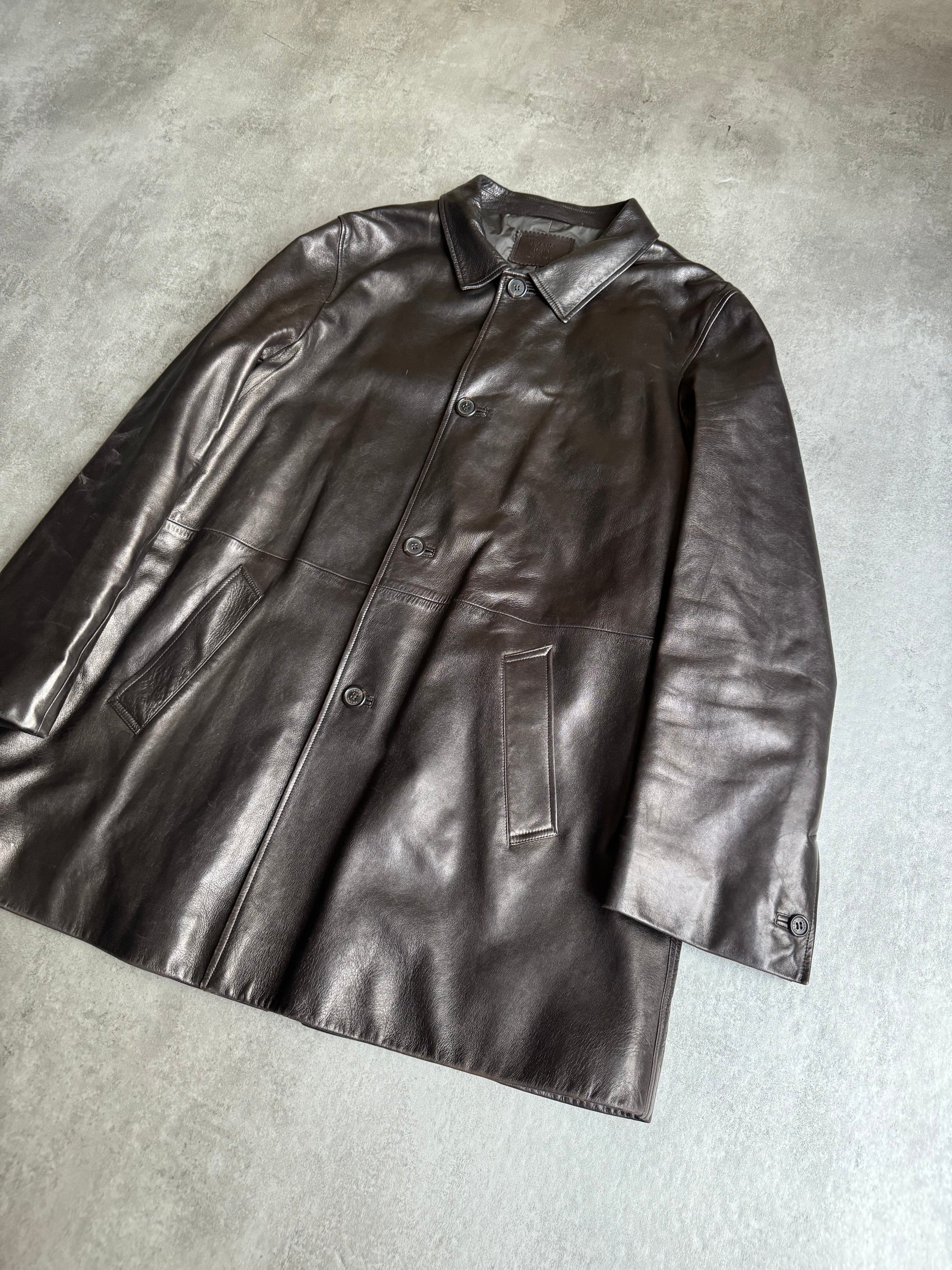 2000s Prada Adonis Hasselt Deep Brown Classy Long Leather Jacket (L/XL) - 3