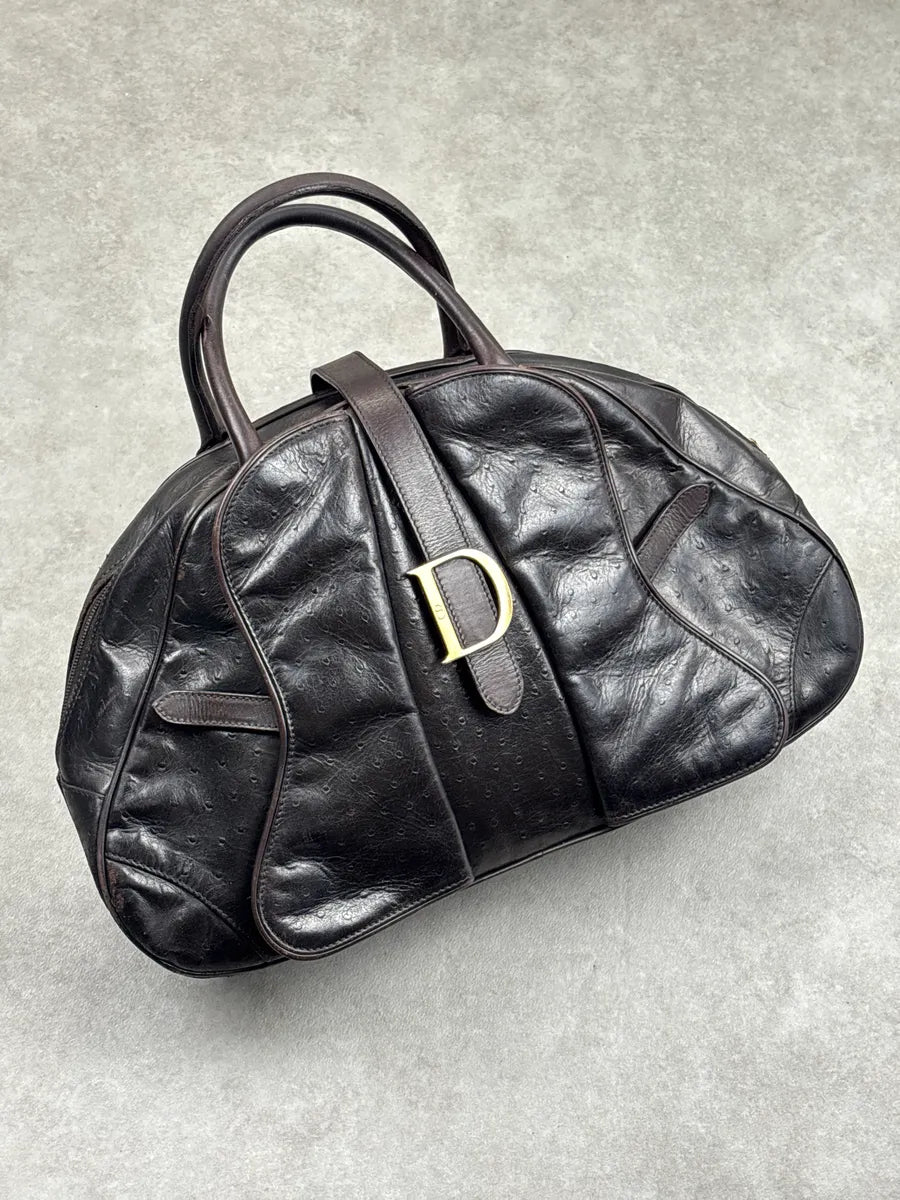 AW2000 Christian Dior Dark Brown Leather Ostrich-Embossed D-Buckle Handle Bag OyXypvRH 3