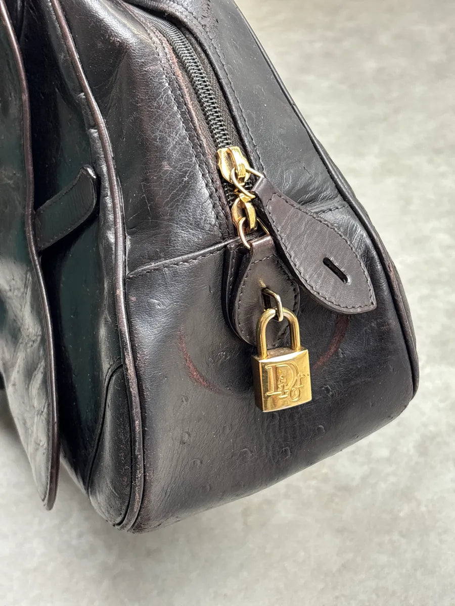 AW2000 Christian Dior Dark Brown Leather Ostrich-Embossed D-Buckle Handle Bag OyXypvRH 13