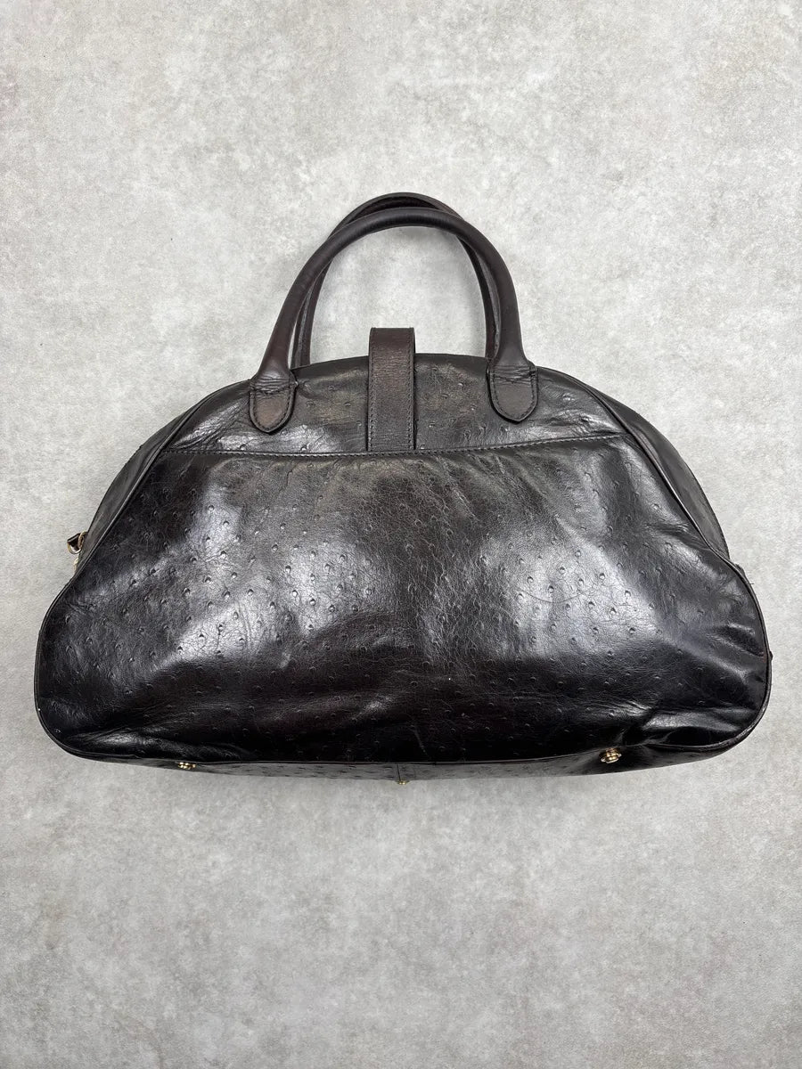 AW2000 Christian Dior Dark Brown Leather Ostrich-Embossed D-Buckle Handle Bag OyXypvRH 5