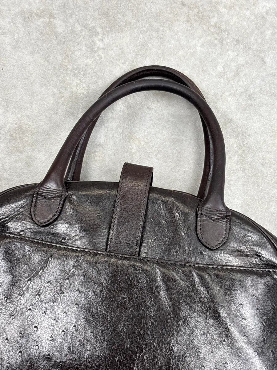 AW2000 Christian Dior Dark Brown Leather Ostrich-Embossed D-Buckle Handle Bag OyXypvRH 14