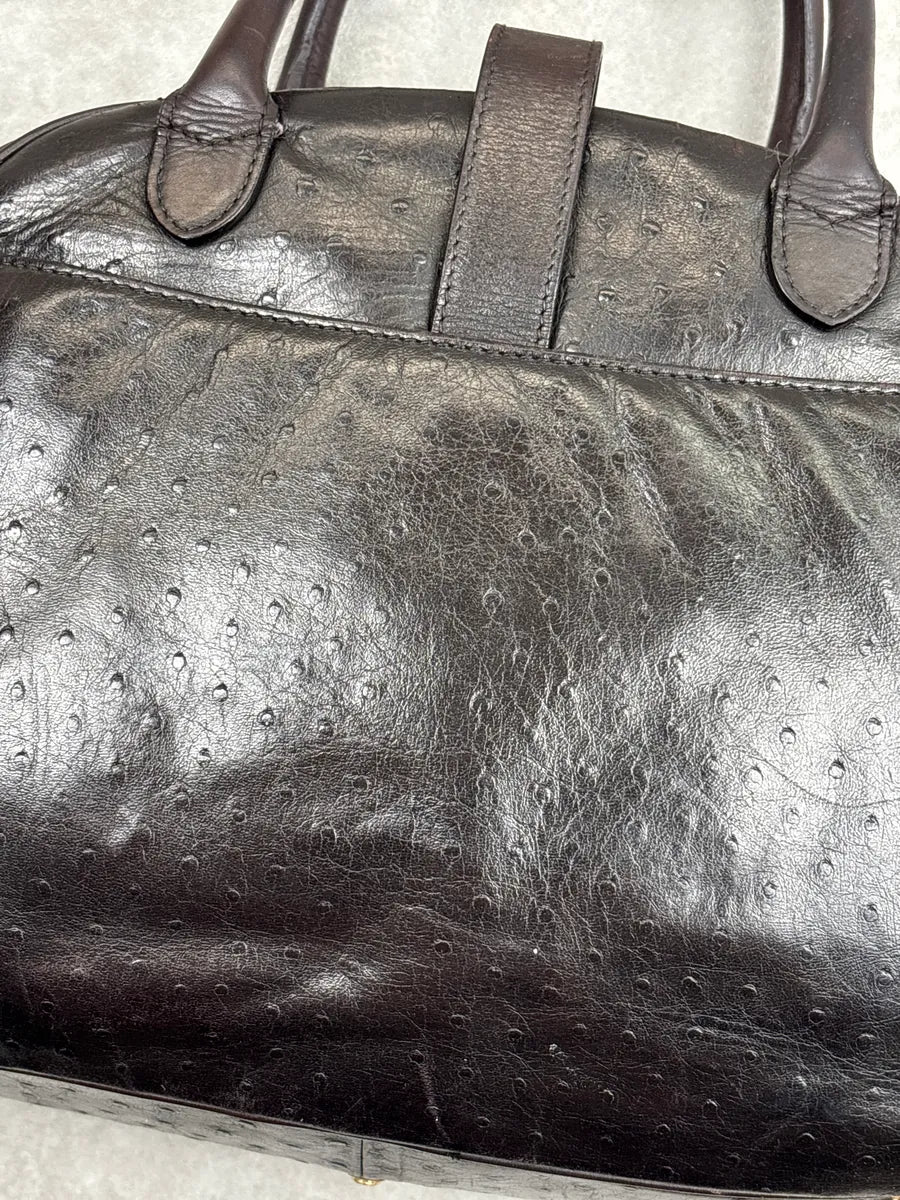 AW2000 Christian Dior Dark Brown Leather Ostrich-Embossed D-Buckle Handle Bag OyXypvRH 15
