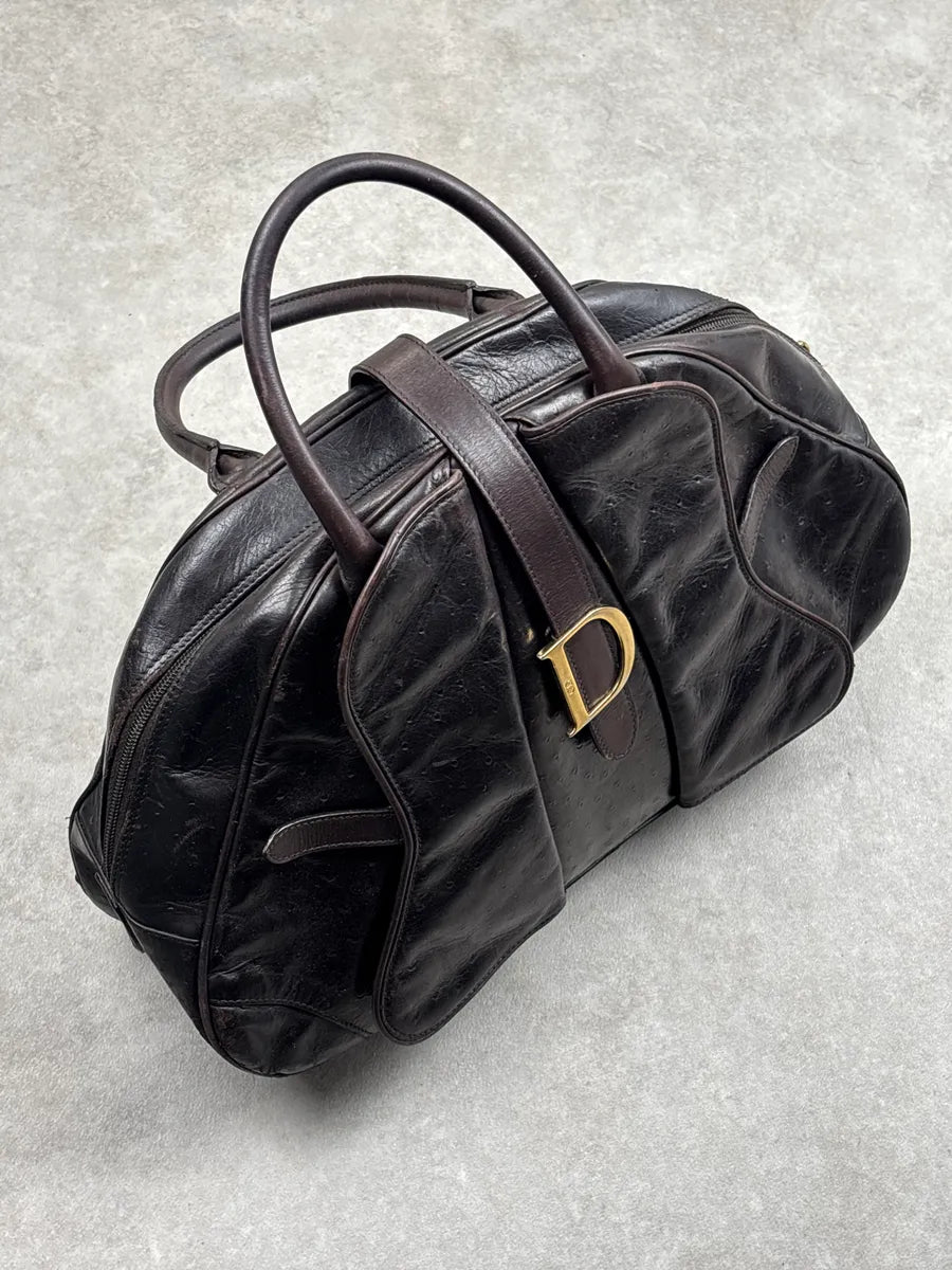 AW2000 Christian Dior Dark Brown Leather Ostrich-Embossed D-Buckle Handle Bag OyXypvRH 6