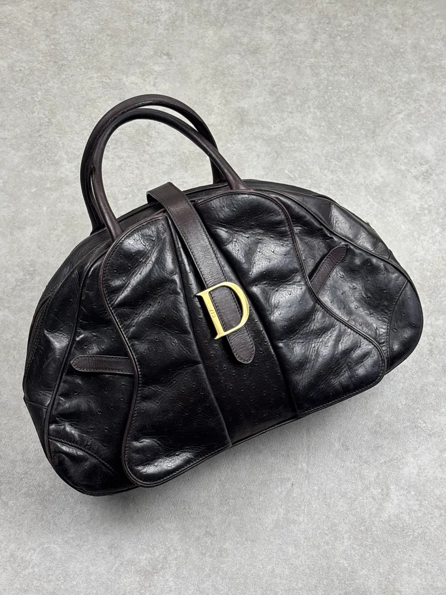 AW2000 Christian Dior Dark Brown Leather Ostrich-Embossed D-Buckle Handle Bag OyXypvRH 4