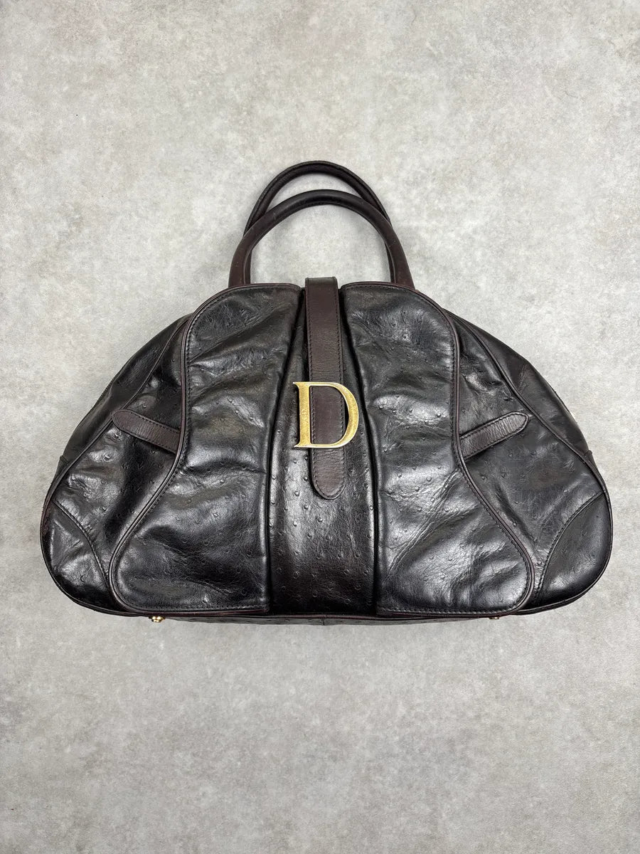 AW2000 Christian Dior Dark Brown Leather Ostrich-Embossed D-Buckle Handle Bag OyXypvRH 0