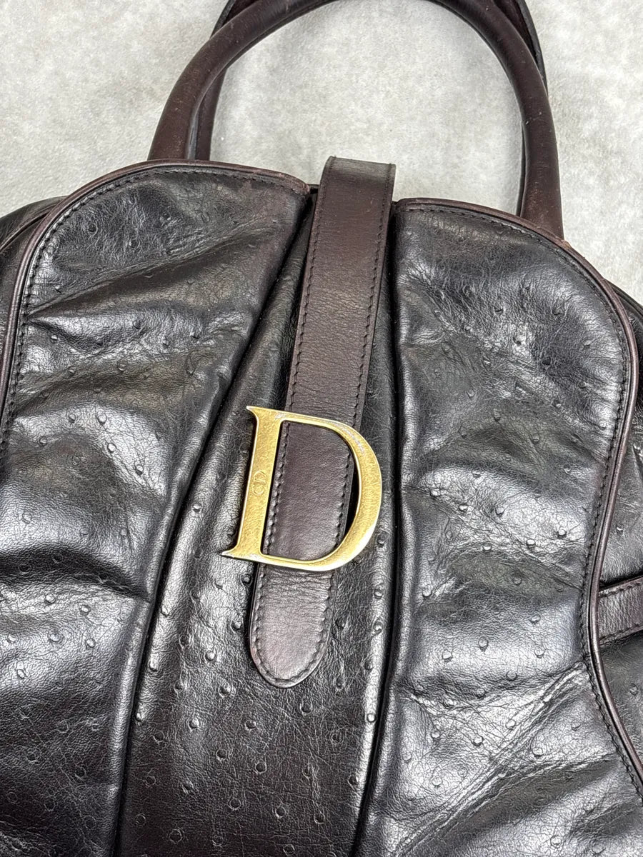 AW2000 Christian Dior Dark Brown Leather Ostrich-Embossed D-Buckle Handle Bag OyXypvRH 7