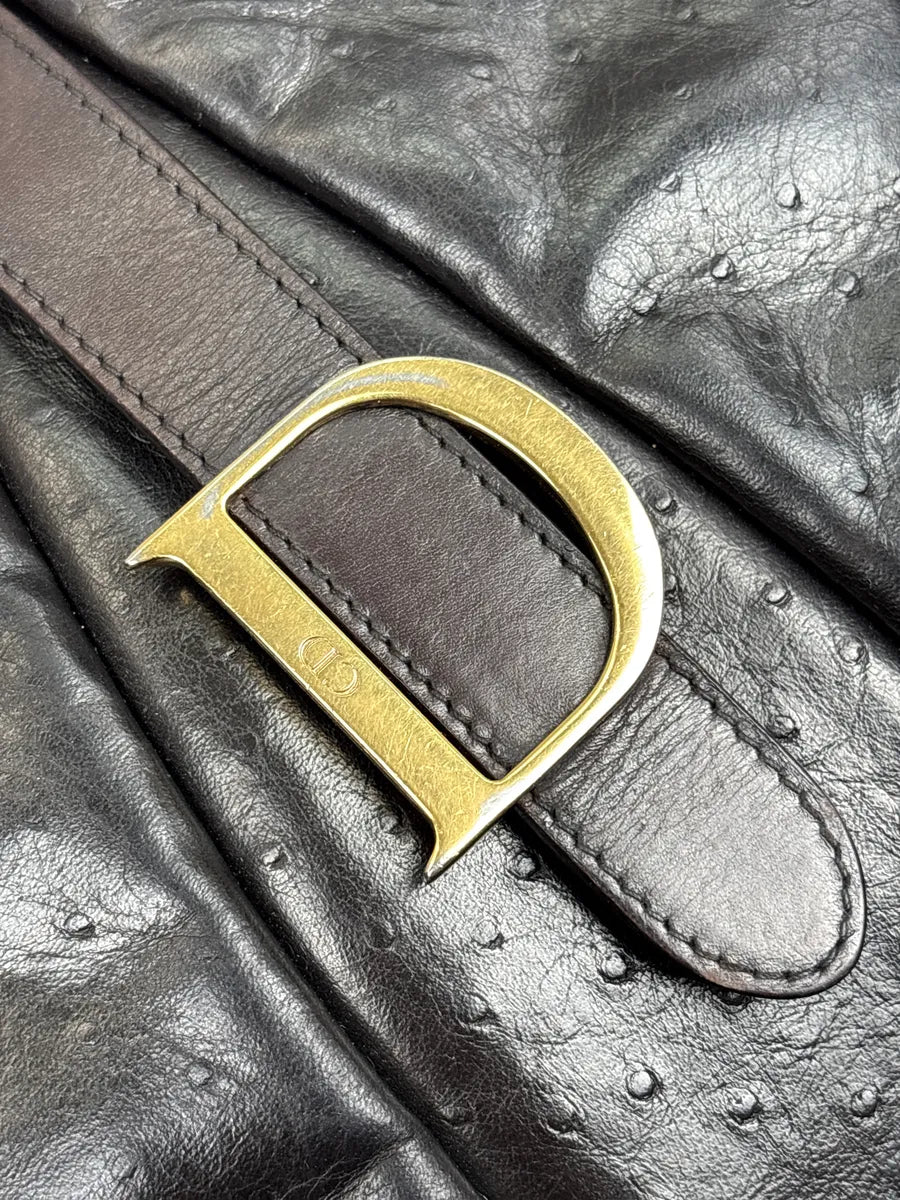AW2000 Christian Dior Dark Brown Leather Ostrich-Embossed D-Buckle Handle Bag OyXypvRH 8