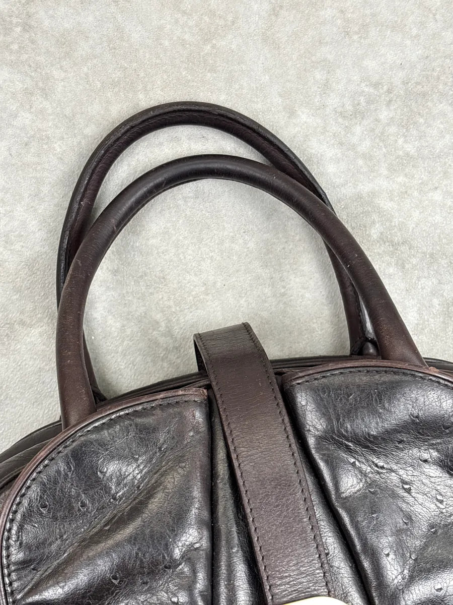 AW2000 Christian Dior Dark Brown Leather Ostrich-Embossed D-Buckle Handle Bag OyXypvRH 9