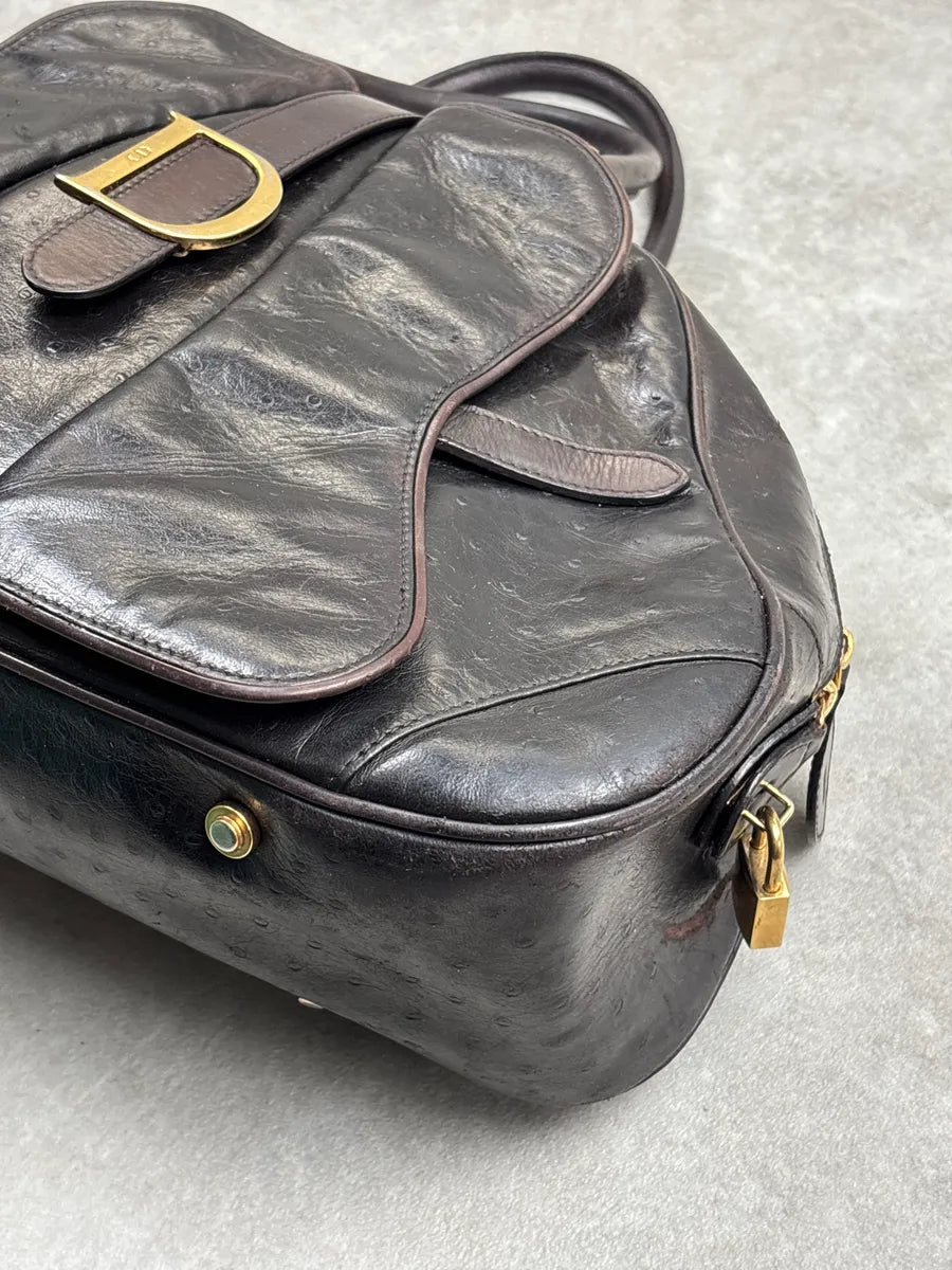 AW2000 Christian Dior Dark Brown Leather Ostrich-Embossed D-Buckle Handle Bag OyXypvRH 10