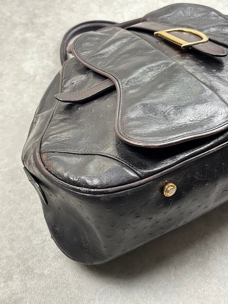 AW2000 Christian Dior Dark Brown Leather Ostrich-Embossed D-Buckle Handle Bag OyXypvRH 11