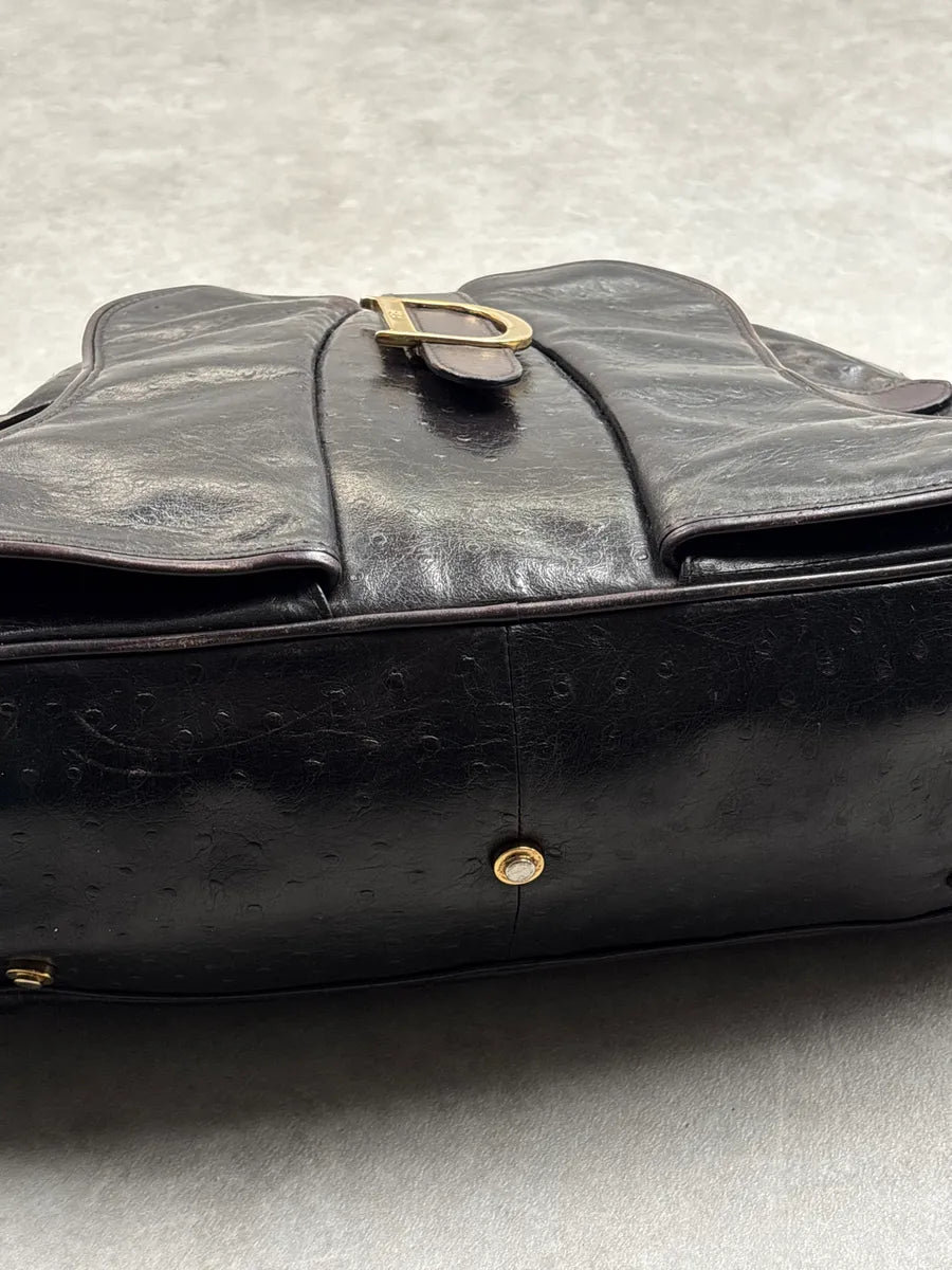 AW2000 Christian Dior Dark Brown Leather Ostrich-Embossed D-Buckle Handle Bag OyXypvRH 12