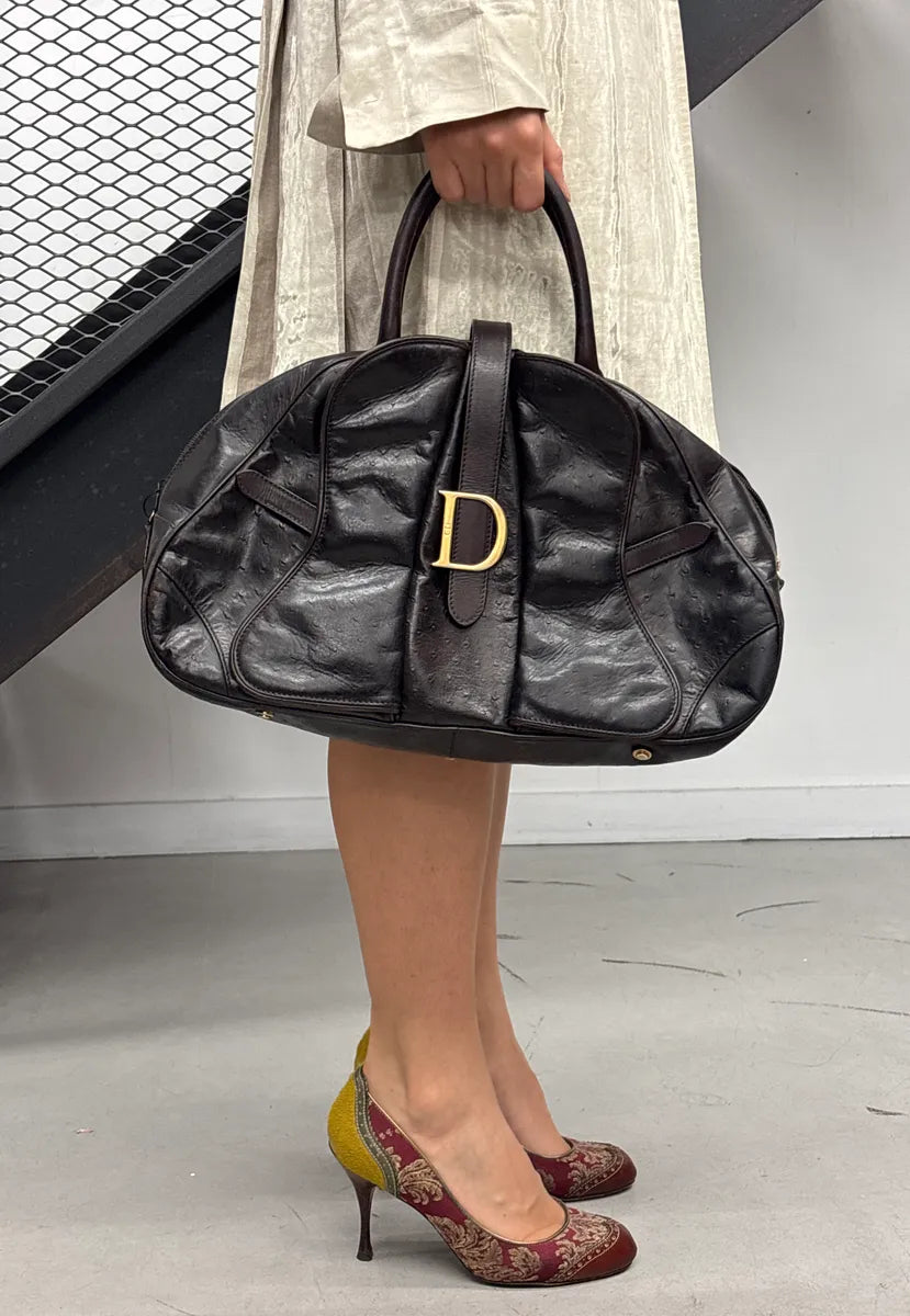 AW2000 Christian Dior Dark Brown Leather Ostrich-Embossed D-Buckle Handle Bag OyXypvRH 1