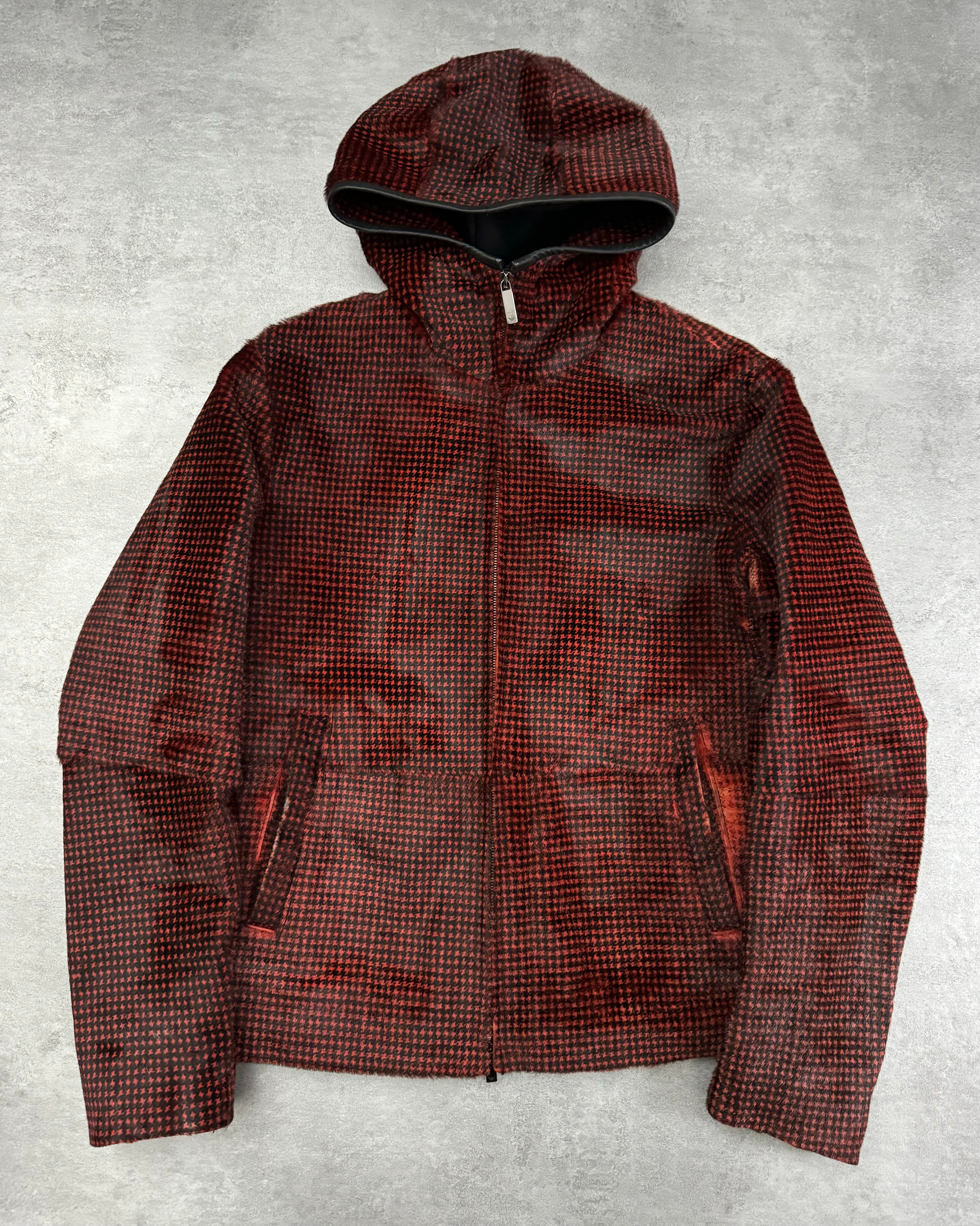 FW2013 Emporio Armani Goat Fur Black & Red Hooded Avant-Garde FW2013 Emporio Armani Goat Fur Black & Red Hooded Avant-Garde