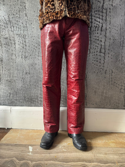 FW2000 Roberto Cavalli Red Crocodile Biker Leather Pants (M) - 7