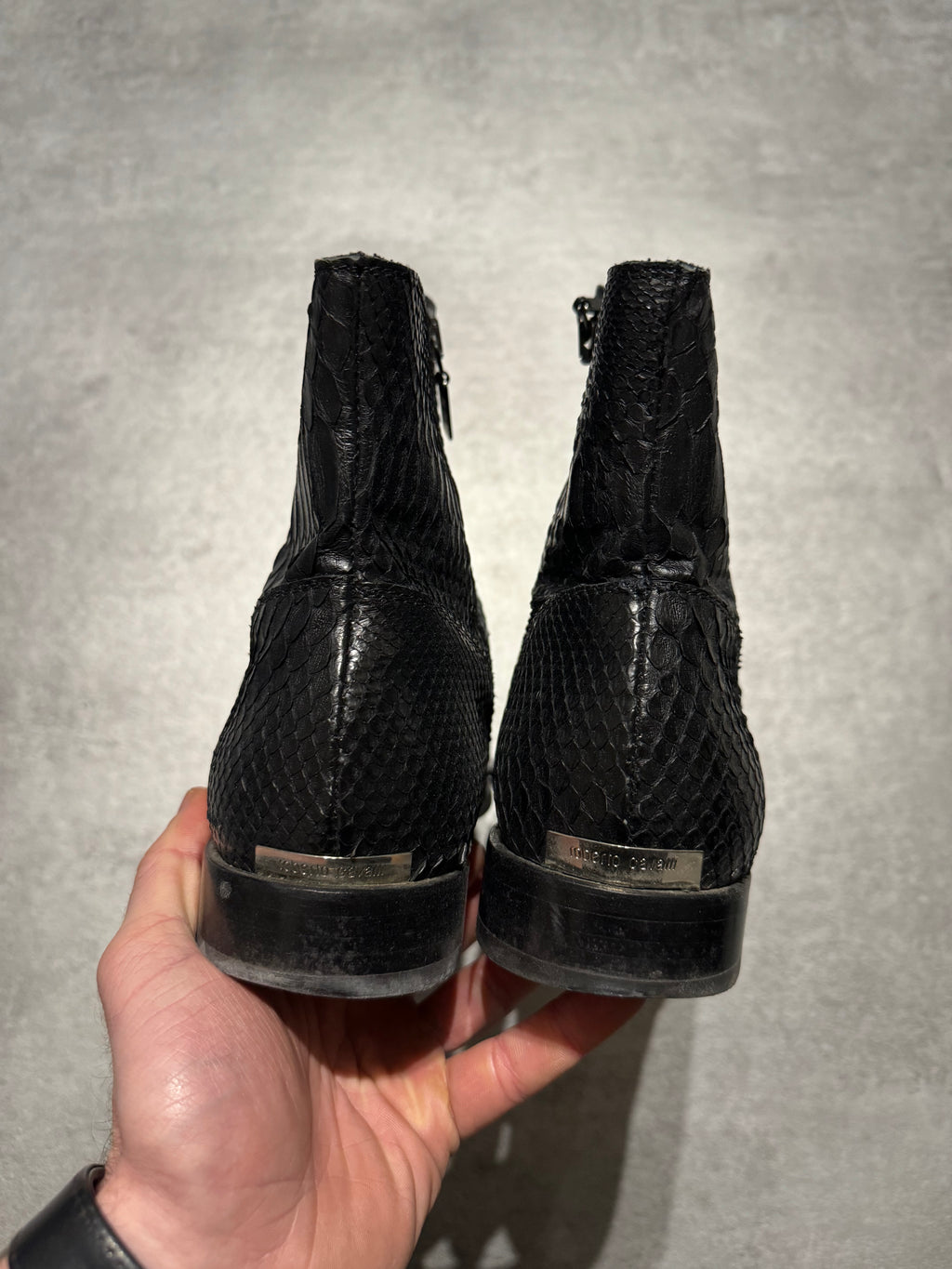 2000s Roberto Cavalli Black Python Leather Rocker Biker Boots (42,5) - 6