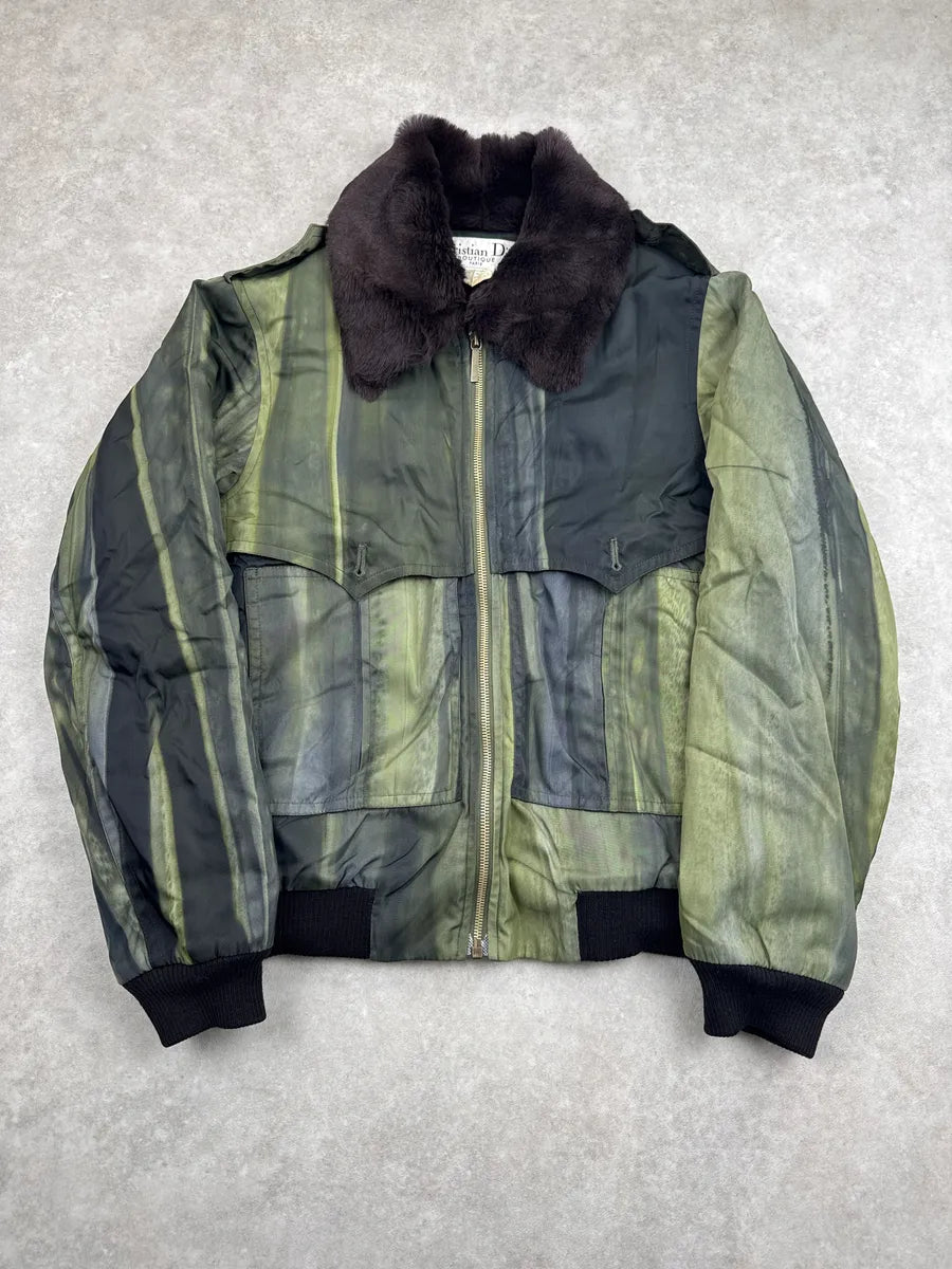 1990s Christian Dior Olive & Black Fur Striped Bomber Jacket PAhLziKn 0