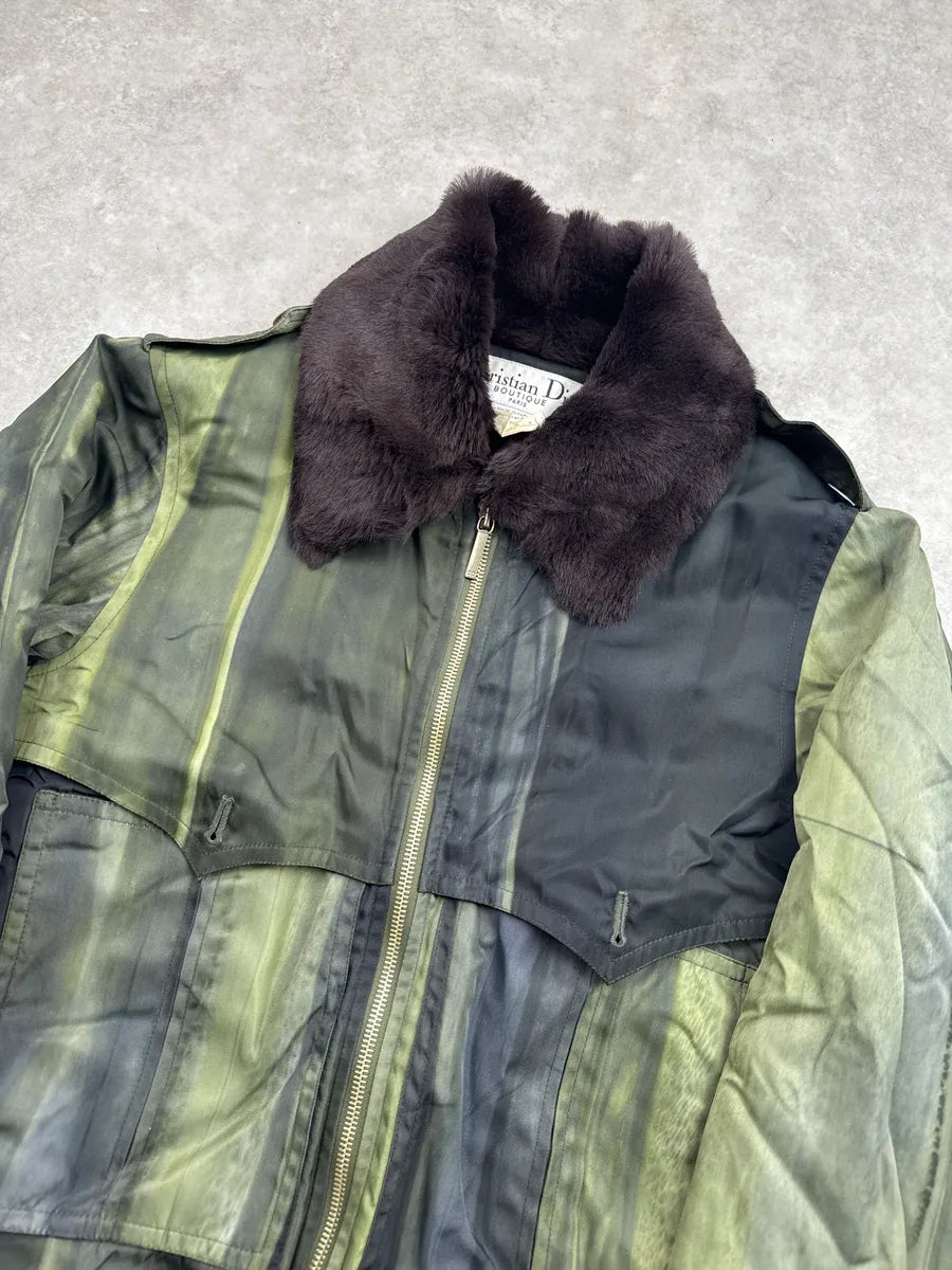 1990s Christian Dior Olive & Black Fur Striped Bomber Jacket PAhLziKn 4