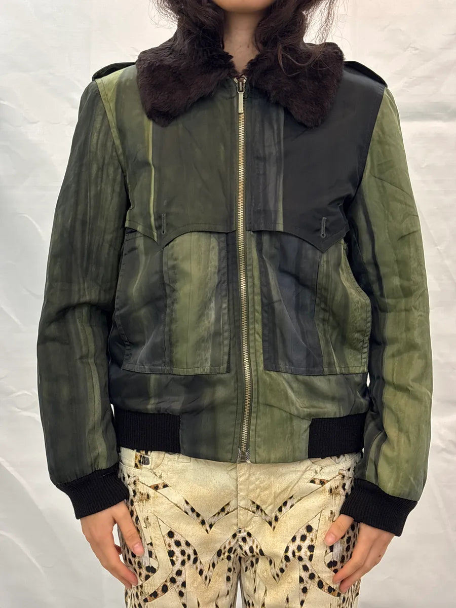 1990s Christian Dior Olive & Black Fur Striped Bomber Jacket PAhLziKn 2