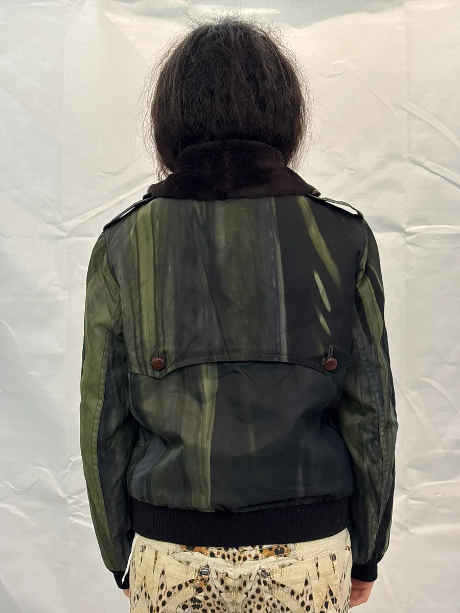 1990s Christian Dior Olive & Black Fur Striped Bomber Jacket PAhLziKn 3