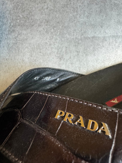 Prada Black Crocodile Embossed Leather Criss Cross Slide (42,5) - 6