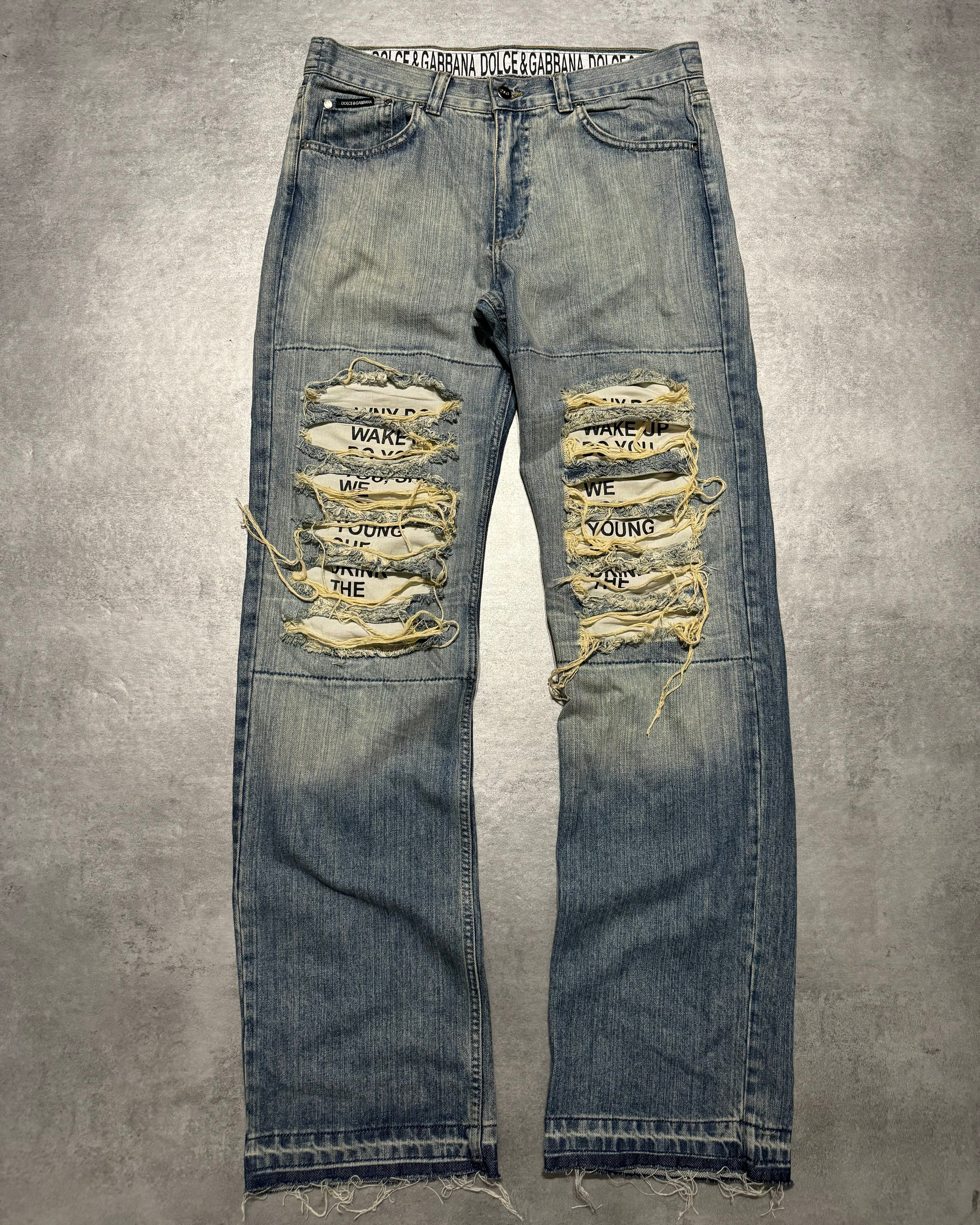 FW2005 Dolce & Gabbana Distressed Faded Poem Denim Jeans (L) - 1