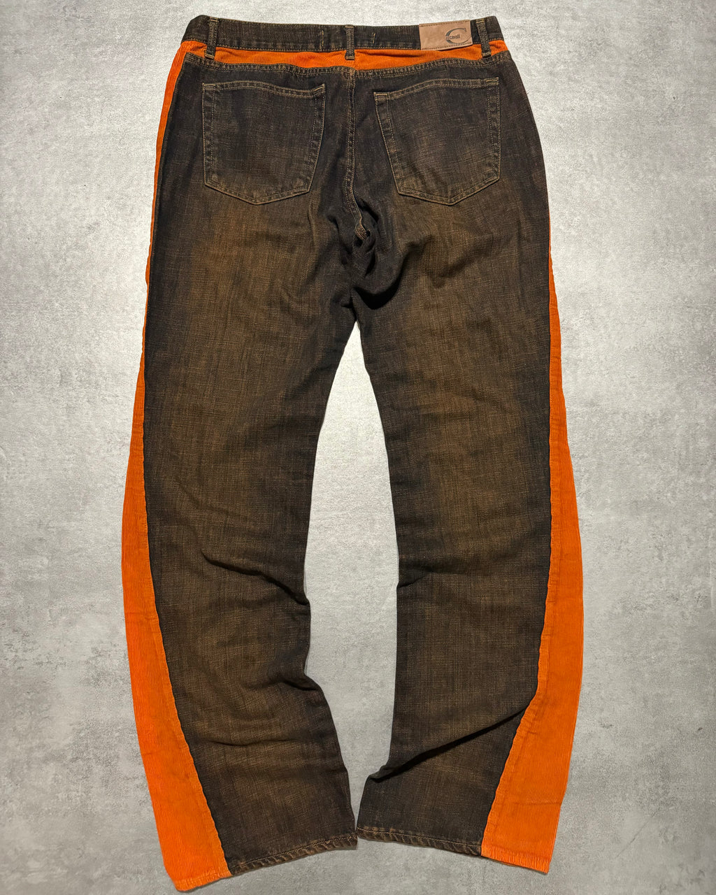 2000s Cavalli Straight Large Orange Velvet & Faded Denim Jeans (L) - 2