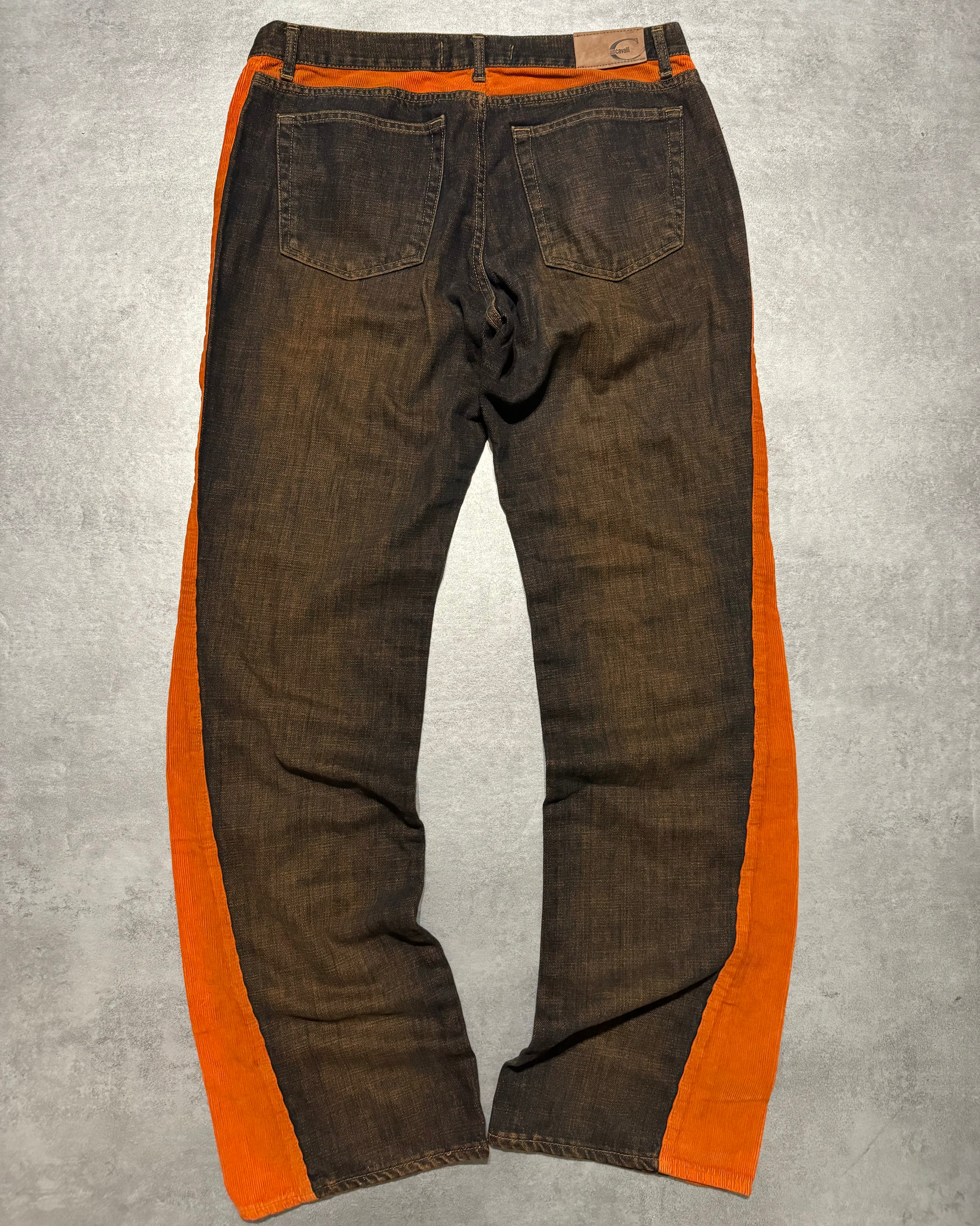2000s Cavalli Straight Large Orange Velvet & Faded Denim Jeans (L) - 2
