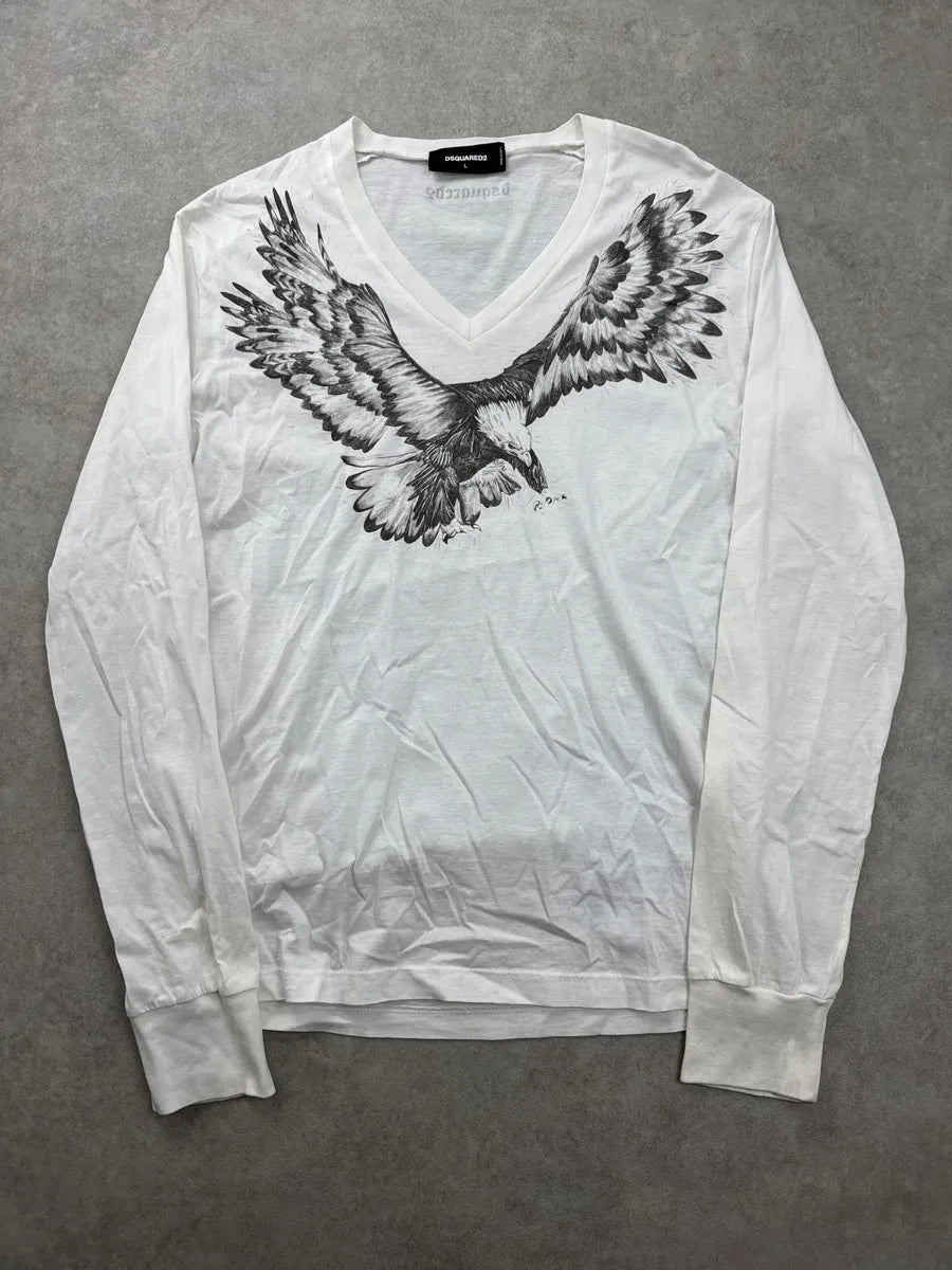 SS2015 Dsquared2 White Eagle Graphic V-Neck Longsleeves PUBxePMb 1