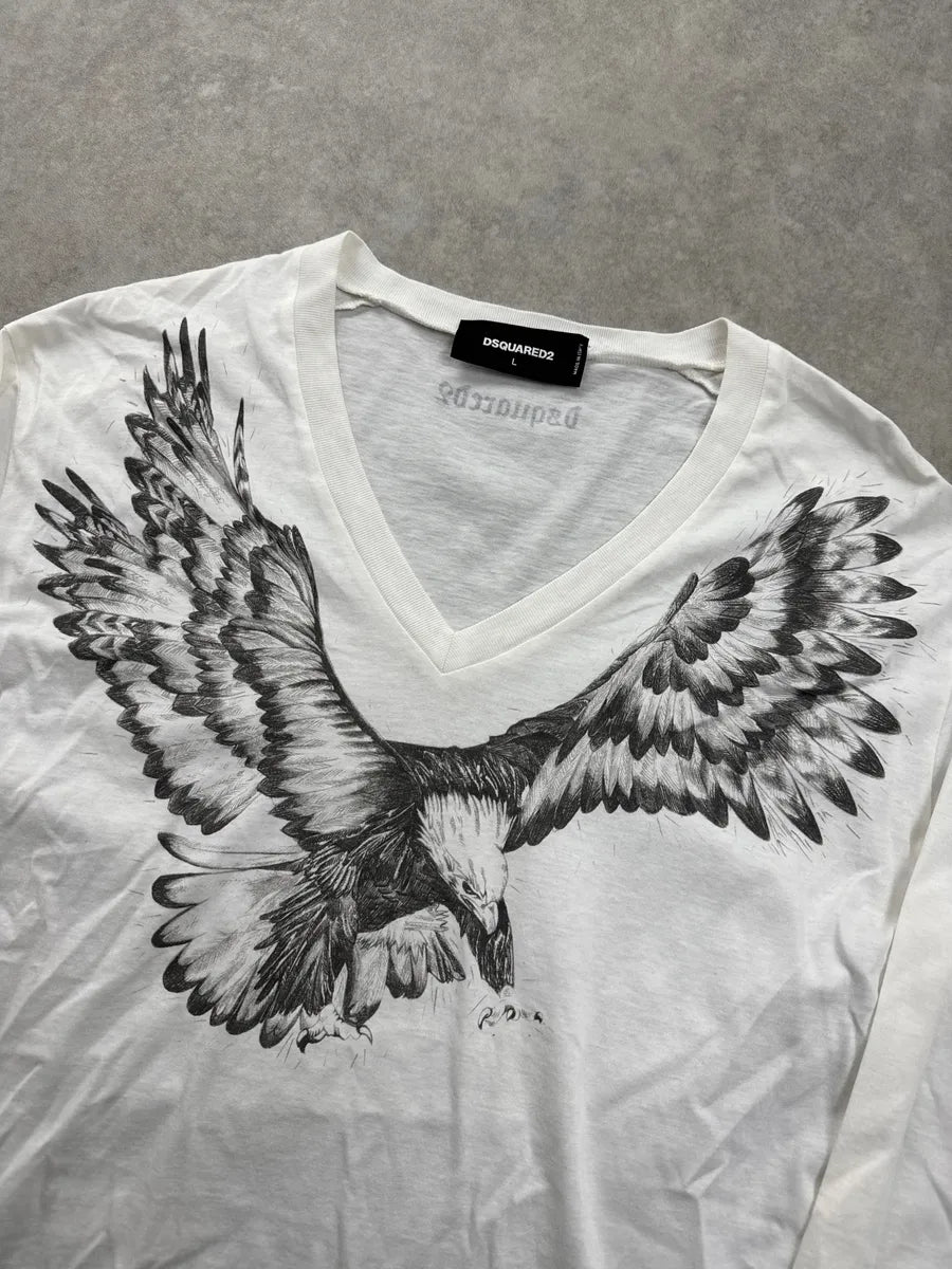 SS2015 Dsquared2 White Eagle Graphic V-Neck Longsleeves PUBxePMb 4