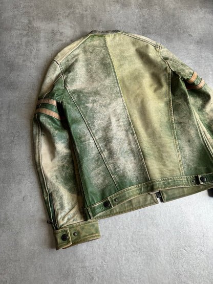 2000s Dolce & Gabbana Retro Effect Green Faded Racing Biker Leather Jacket  (S/M) - 8