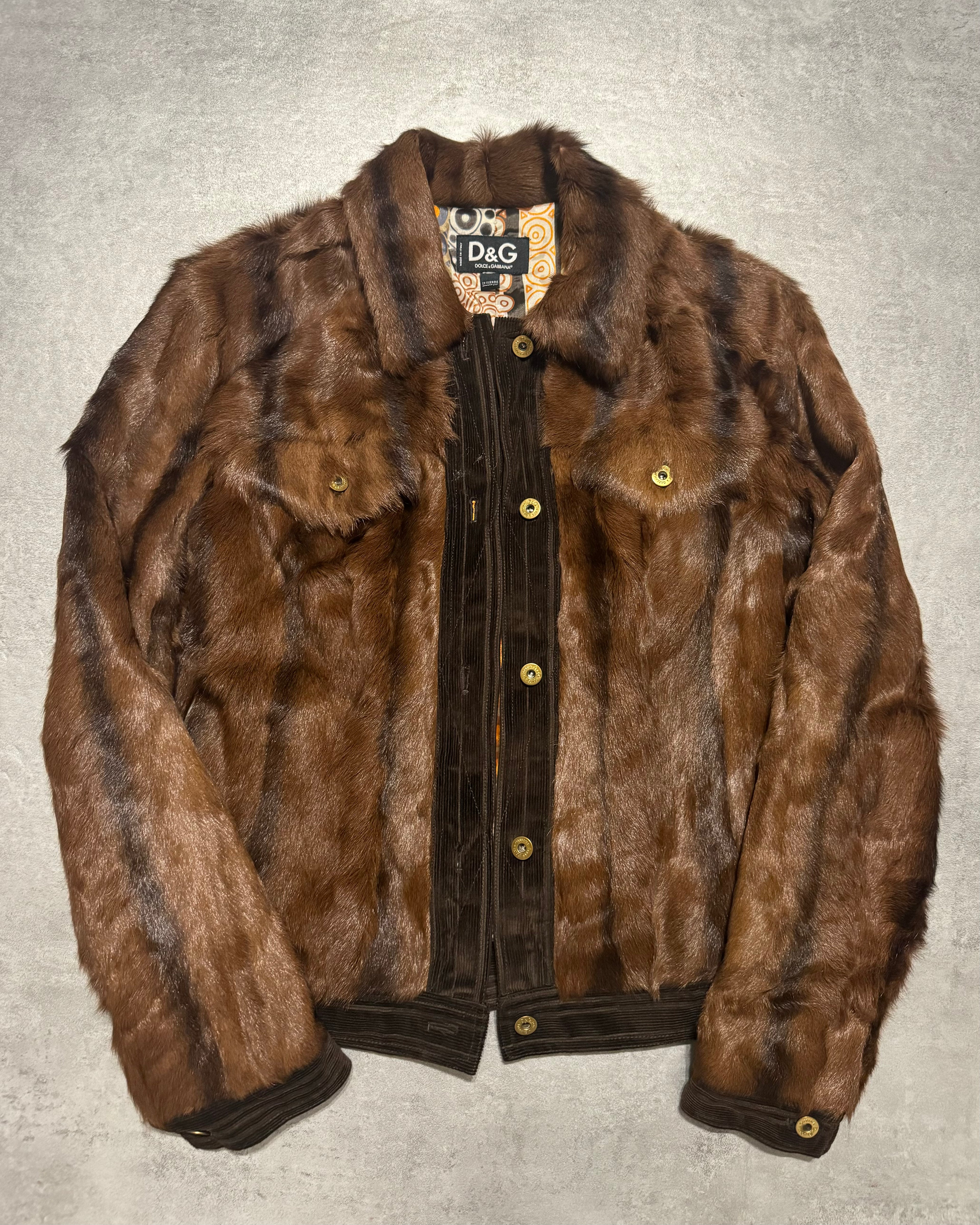 2000s Dolce & Gabbana Brown Fur Buttoned Velvet Jacket (S) - 4