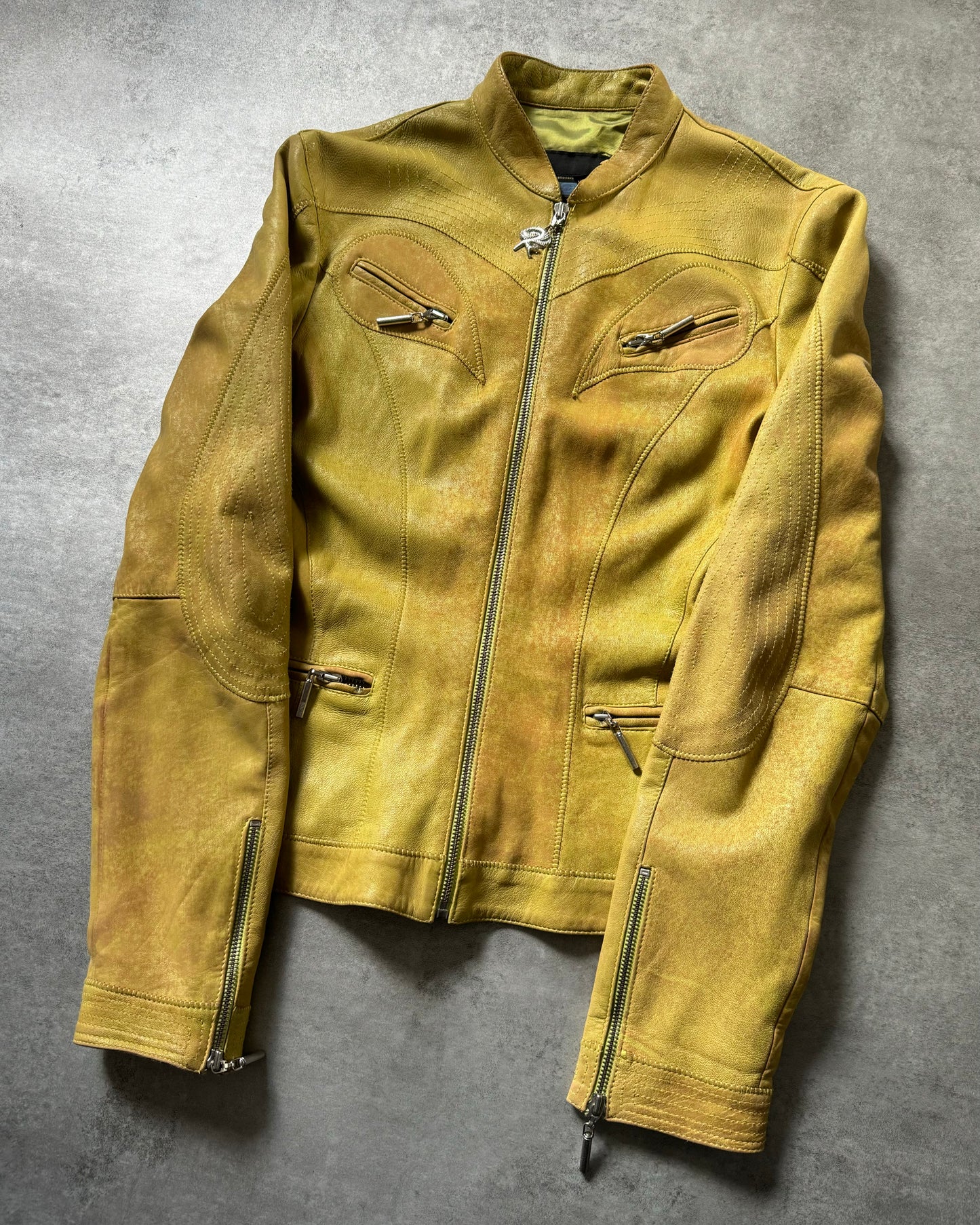 SS2004 Cavalli Sexy Biker Conceptual Yellow Leather Jacket (S) - 2