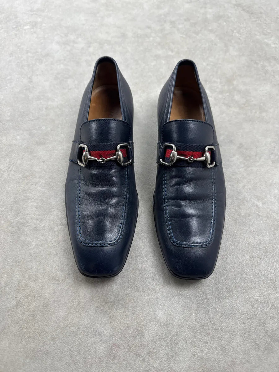 Gucci Navy Leather Horsebit Signature Stripe Loafers Shoes QFxSOkwM 1