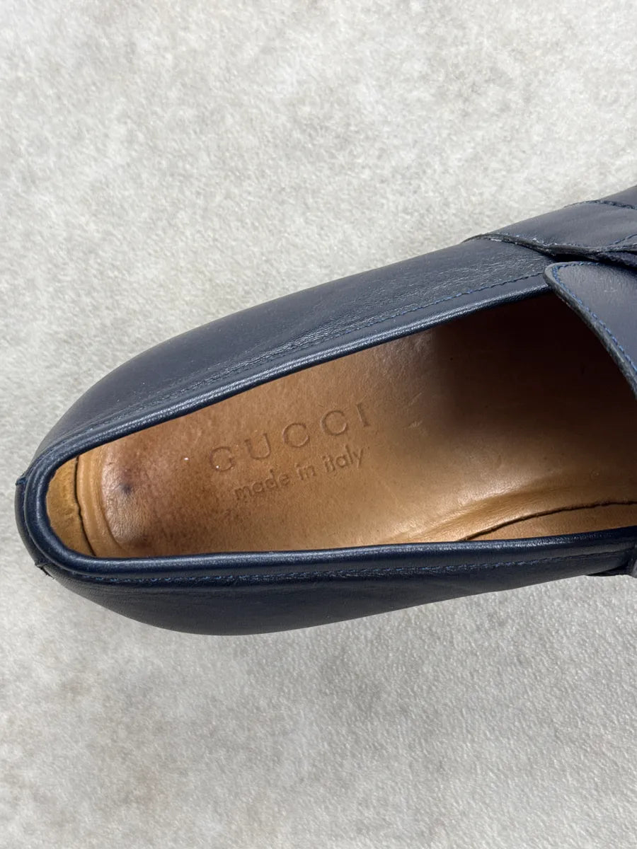 Gucci Navy Leather Horsebit Signature Stripe Loafers Shoes QFxSOkwM 9