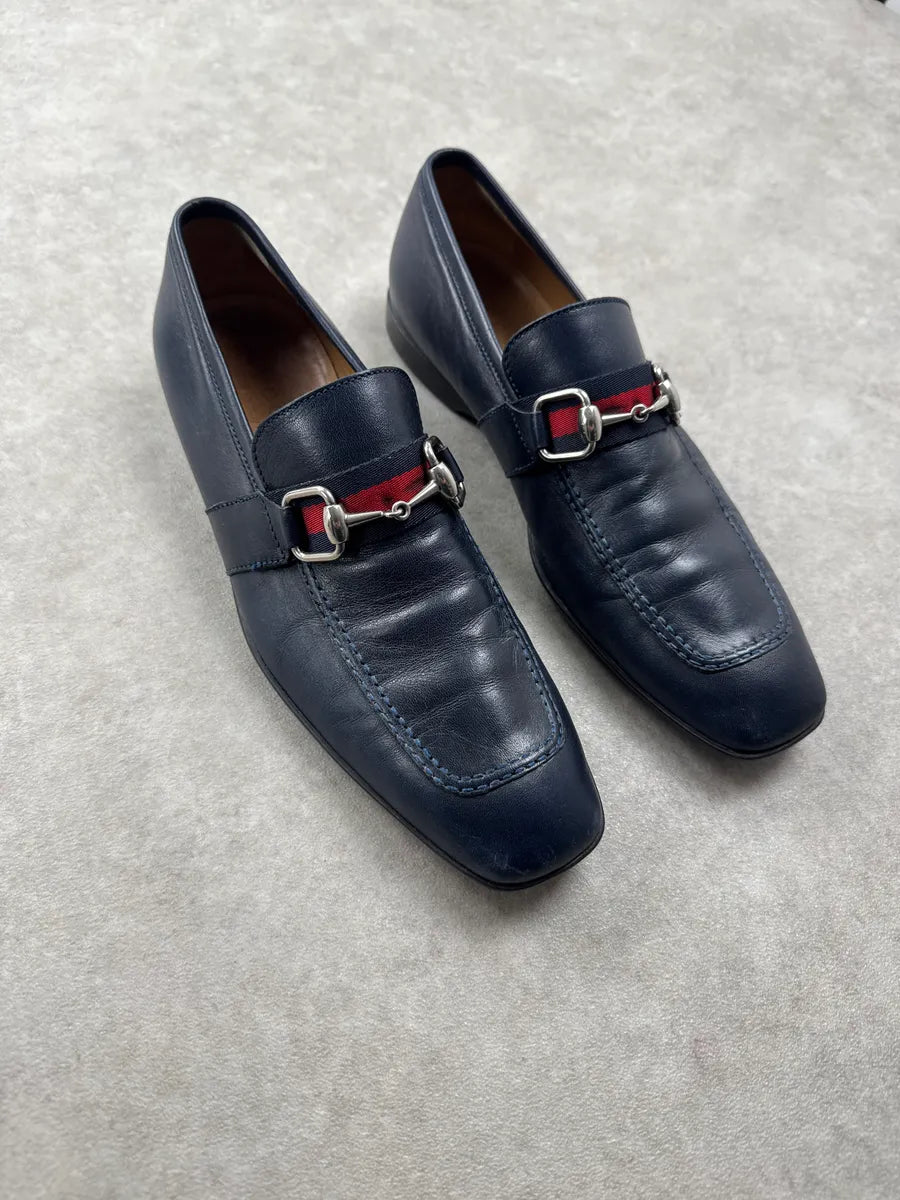 Gucci Navy Leather Horsebit Signature Stripe Loafers Shoes QFxSOkwM 4